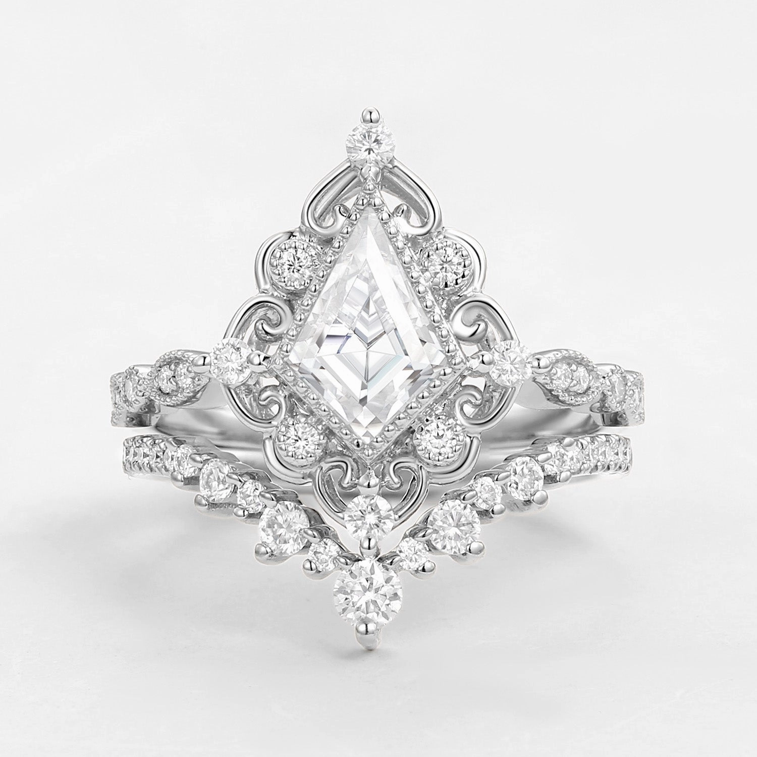 Glam Finish Kite Cut Moissanite Vintage Art Deco Engagement Ring Set 2pcs