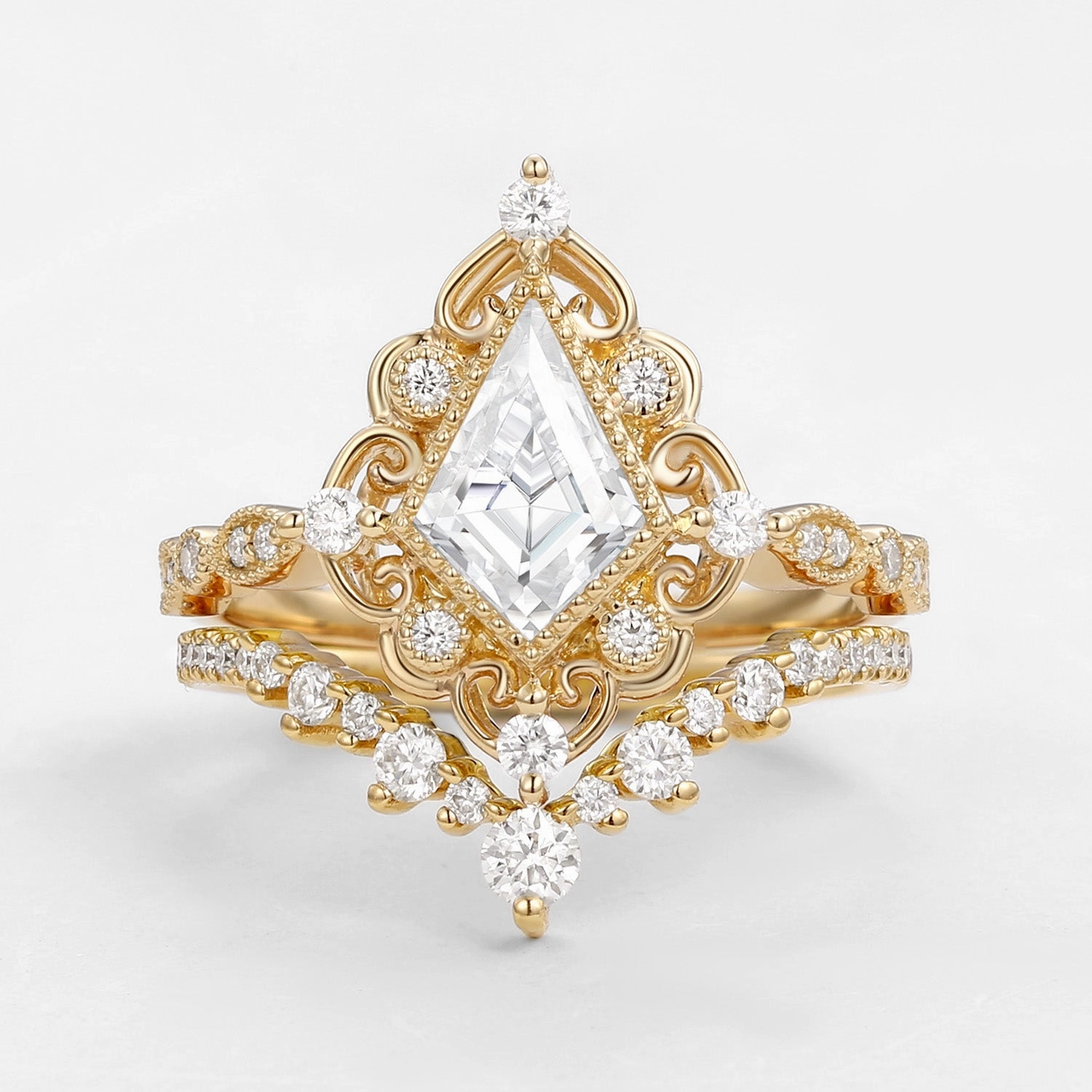 Opaque Surface Kite Cut Moissanite Vintage Art Deco Engagement Ring Set 2pcs