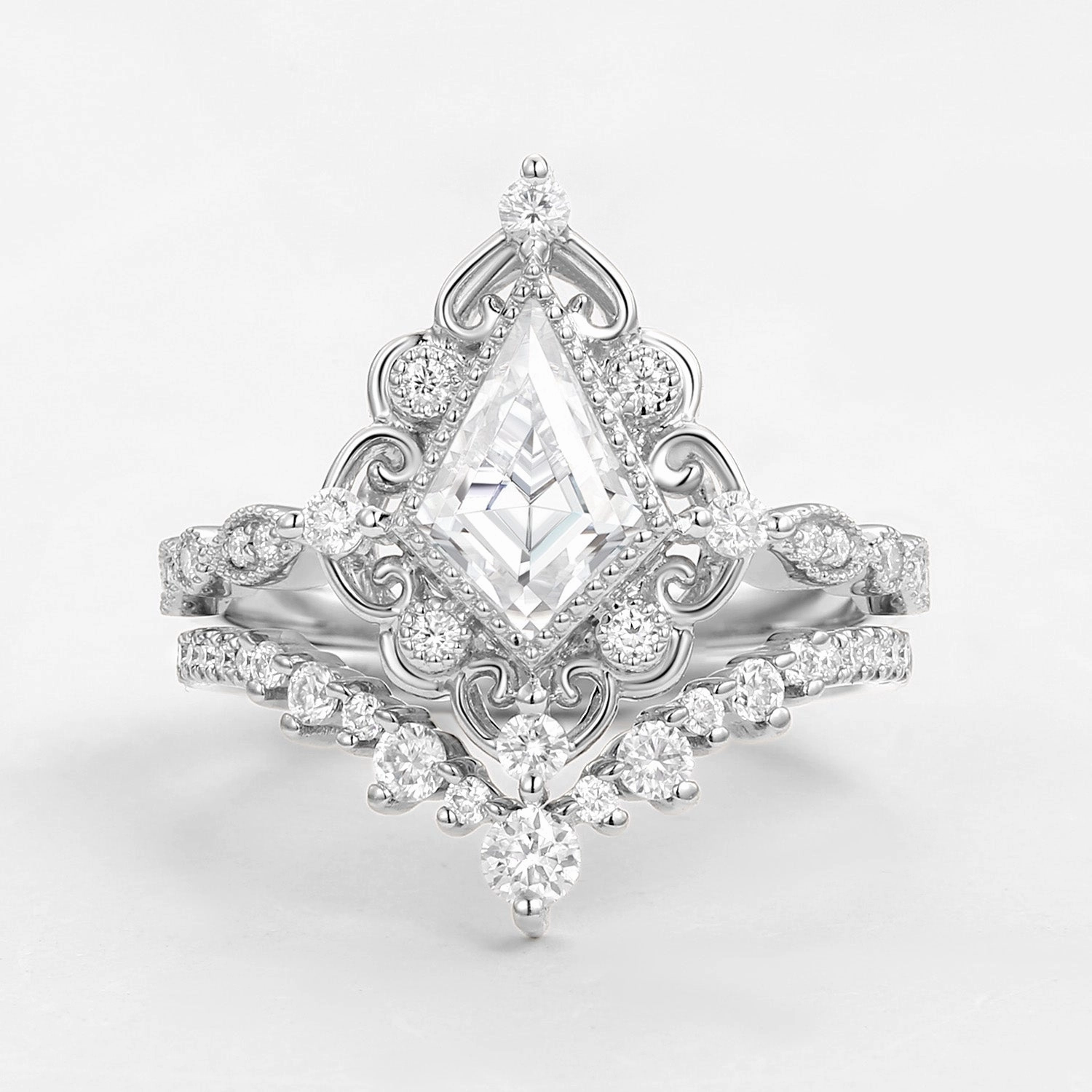 Kite Cut Moissanite Vintage Art Deco Engagement Ring Set 2pcs Crisp Finish Perfect Fit
