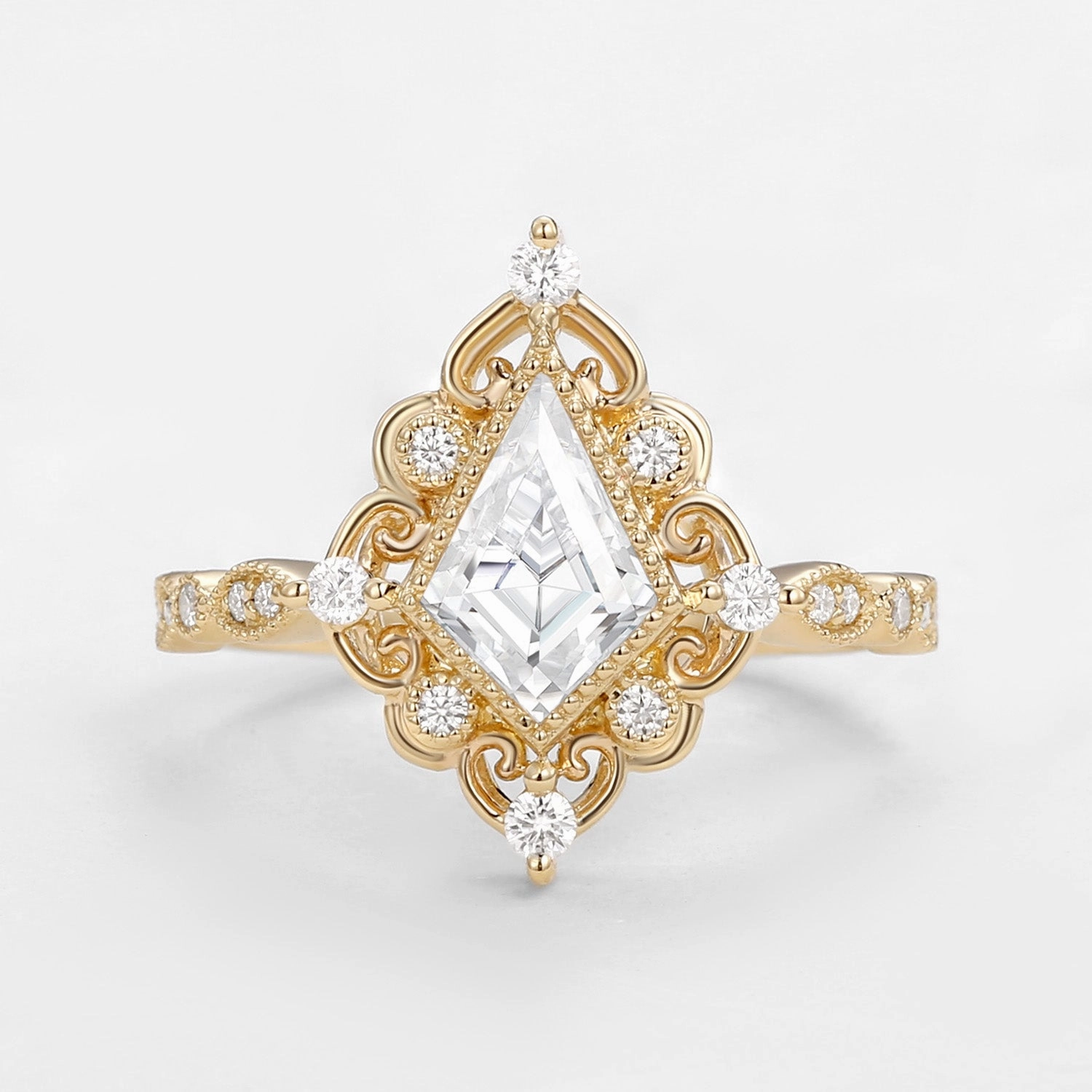 Kite Cut Moissanite Vintage Victorian Engagement Ring Warm Tone Gift wrapping