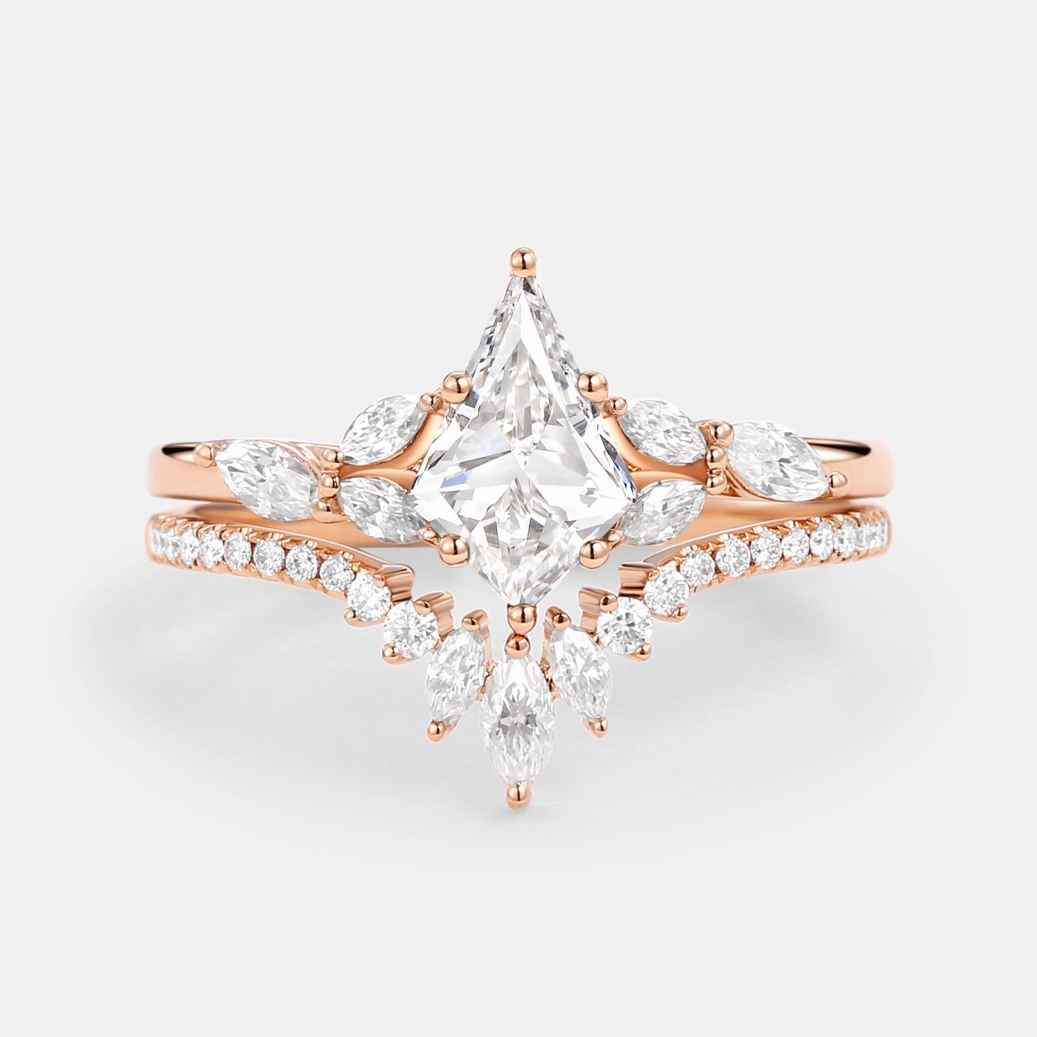 All Season Sleek Feature Kite Cut Moissanite White Gold Engagement Ring Set 2pcs - July