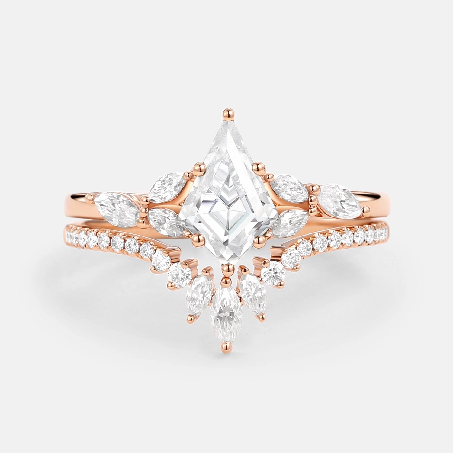 Polished Sparkle Kite Cut Moissanite White Gold Engagement Ring Set 2pcs - July