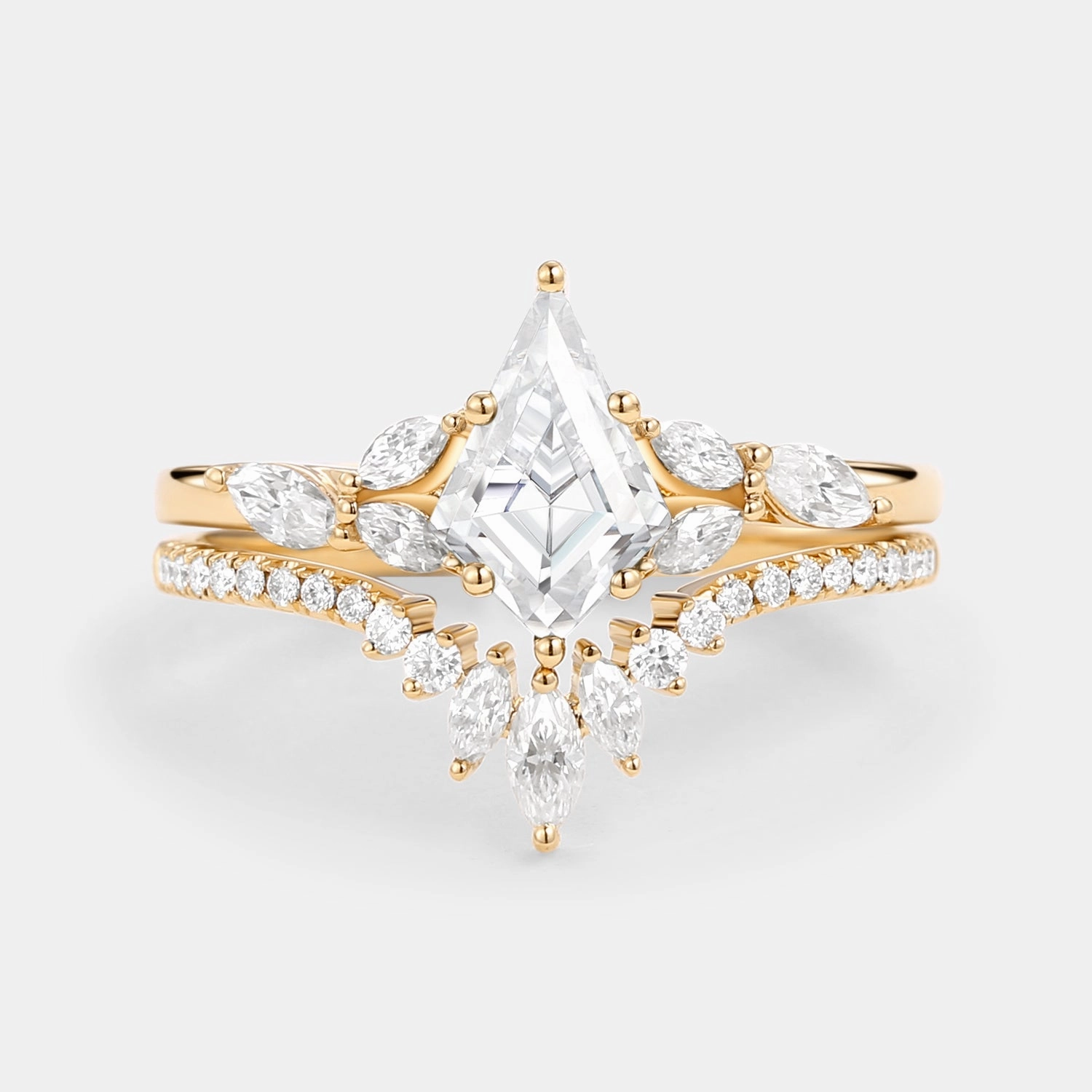 Kite Cut Moissanite White Gold Engagement Ring Set 2pcs - July Shiny Jewelry Daily Contour