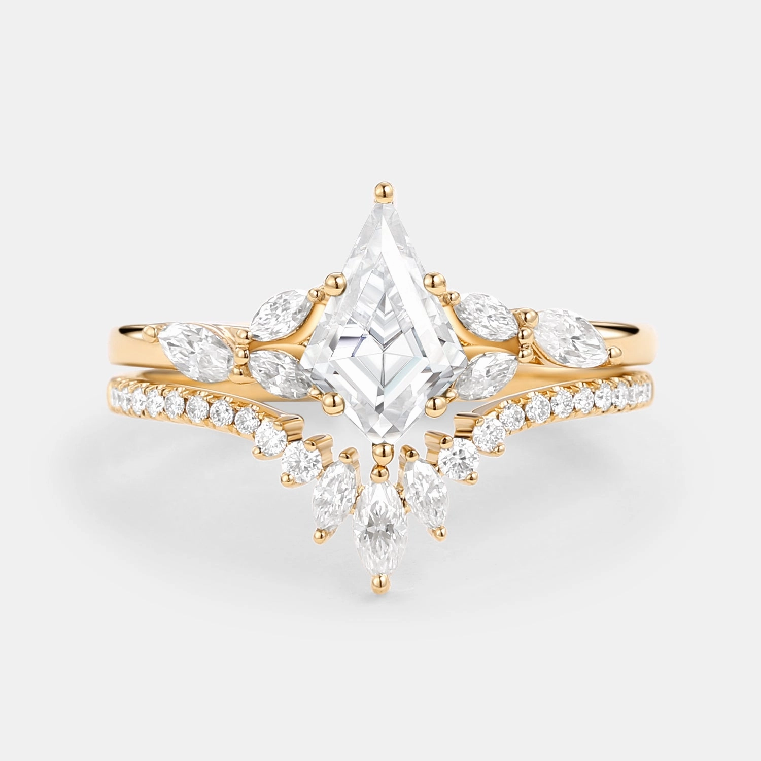 Kite Cut Moissanite White Gold Engagement Ring Set 2pcs - July Radiant Sparkle