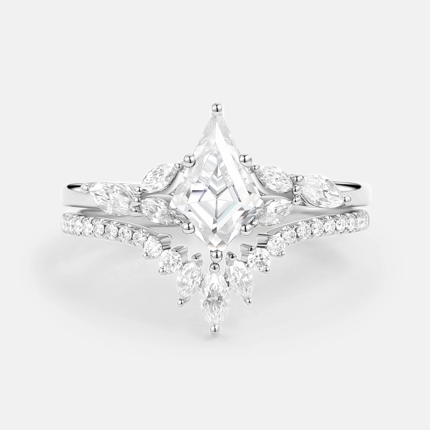 Kite Cut Moissanite White Gold Engagement Ring Set 2pcs - July Delicate Article