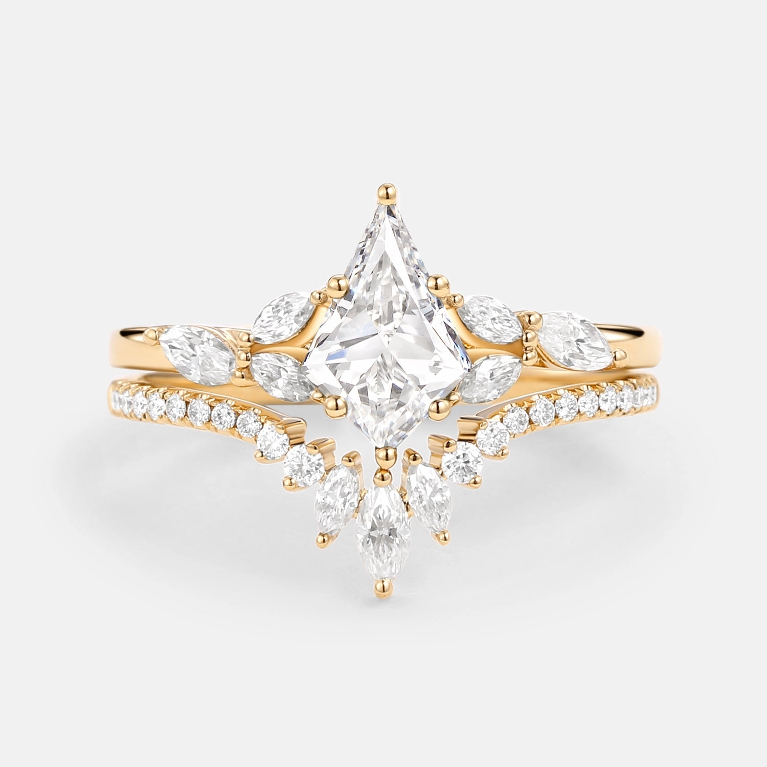 Kite Cut Moissanite White Gold Engagement Ring Set 2pcs - July Shiny Jewelry Design