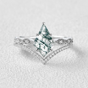 Kite Cut Moss Agate Art-Deco Engagement Ring Set 2pcs Glam Glow Custom Style