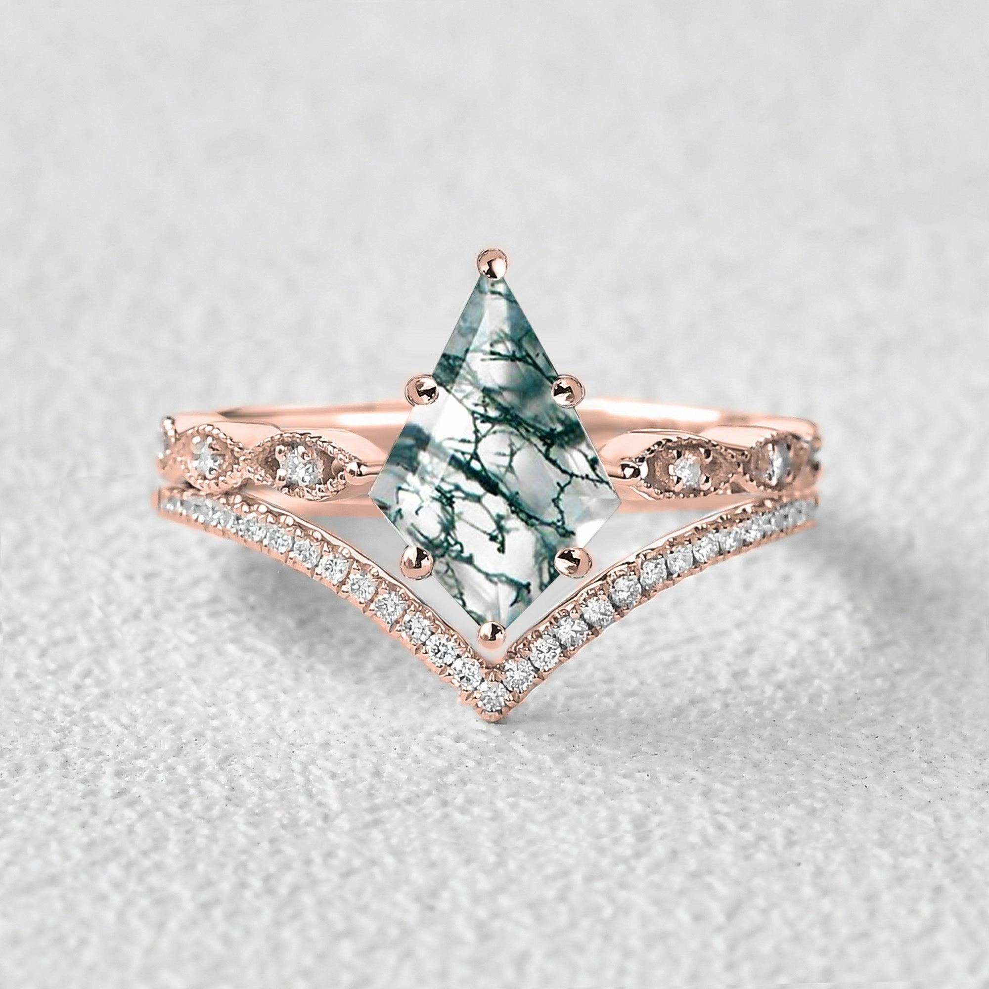 Kite Cut Moss Agate Art-Deco Engagement Ring Set 2pcs Vibrant Shine Look