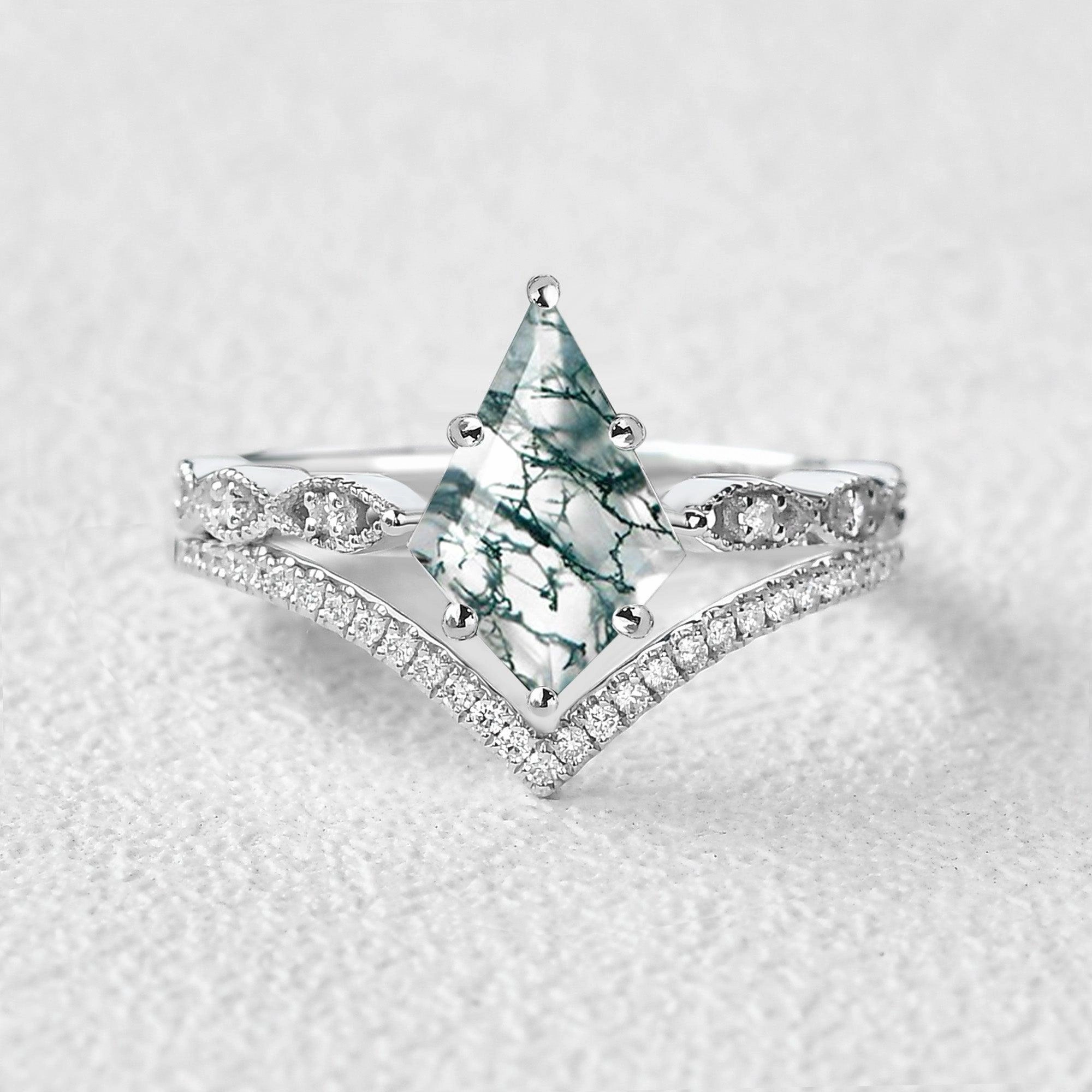 Kite Cut Moss Agate Art-Deco Engagement Ring Set 2pcs Glam Glow Custom Style