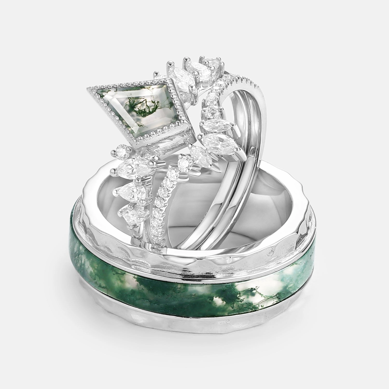 Value Gift Creative Jewelry Kite Cut Moss Agate Cluster Engagement Couple Ring Set 3pcs