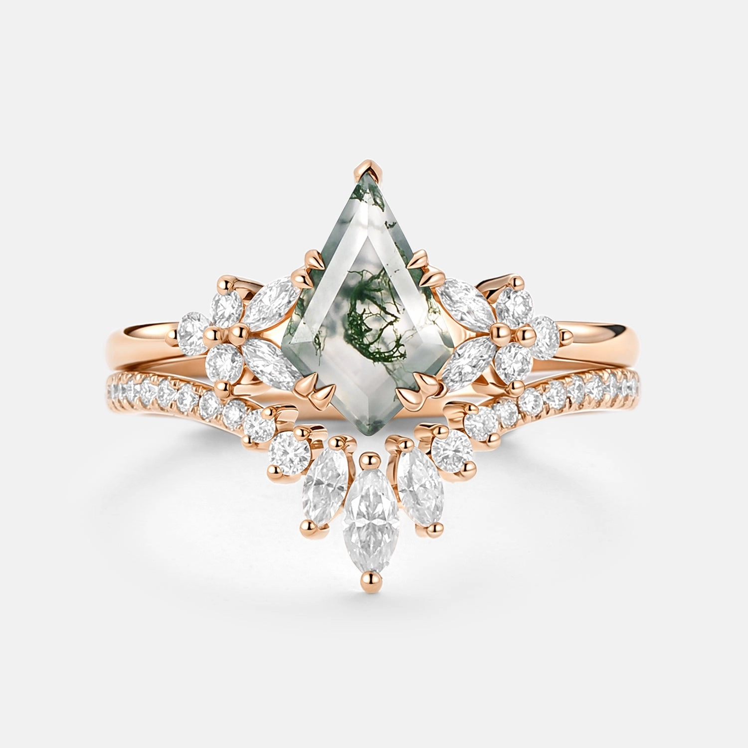 Kite Cut Moss Agate Cluster Engagement Ring Set 2pcs - Sora Out Of Box