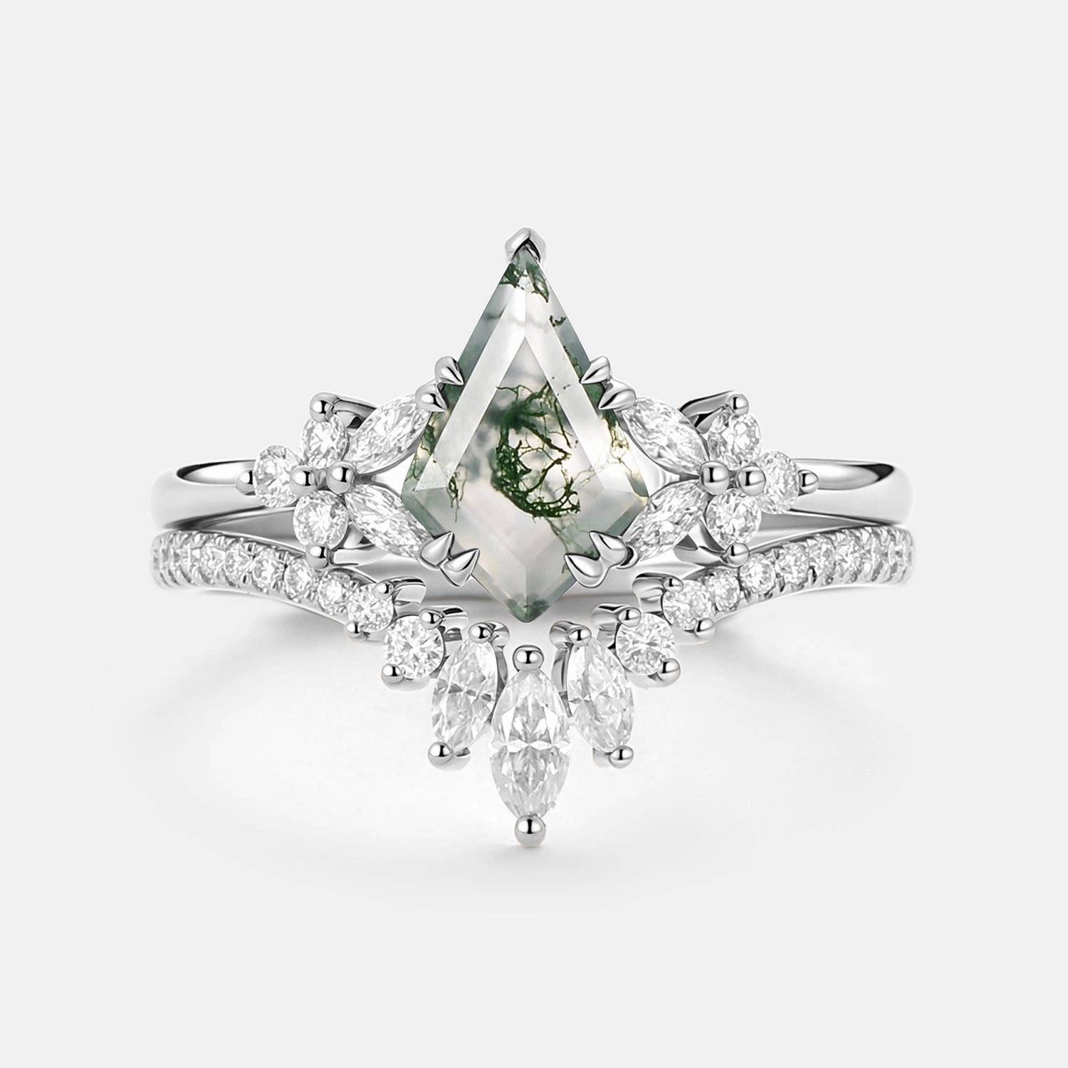 Organizational Insignia Kite Cut Moss Agate Cluster Engagement Ring Set 2pcs - Sora