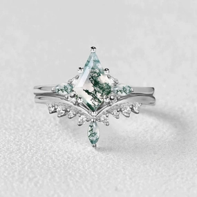 Everyday Sparkle Splendid Shine Kite Cut Moss Agate Cluster Engagement Ring Sets 2pcs