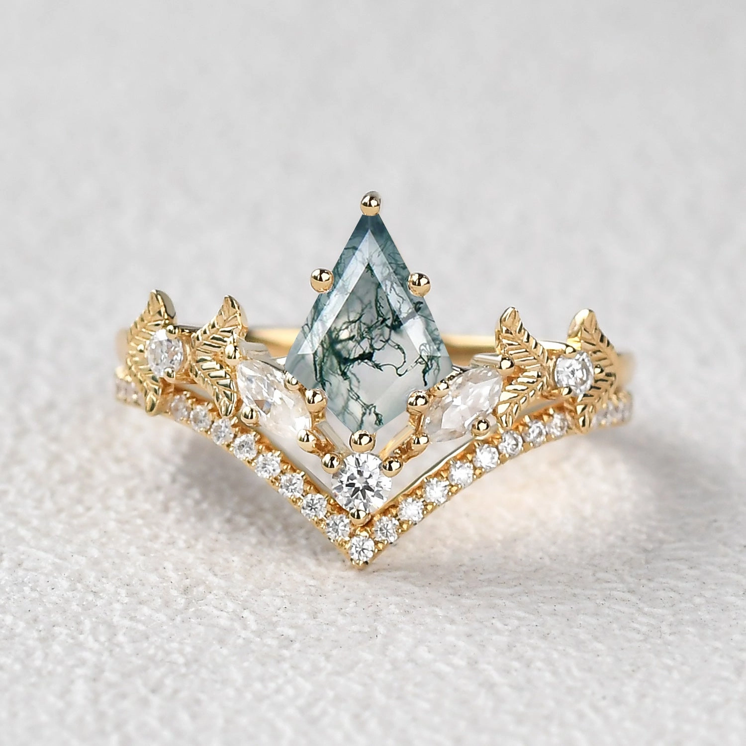 Kite Cut Moss Agate Leafy Art-Deco Engagement Ring Set 2pcs Office Style