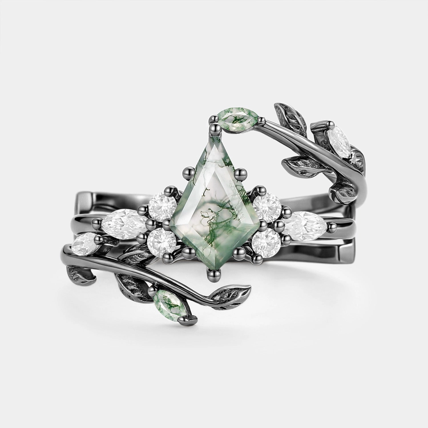 Understated Feature Kite Cut Moss Agate Leafy Cage Engagement Ring Set 2pcs - Vern