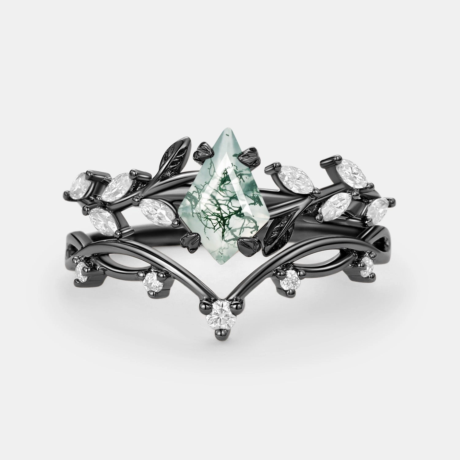 Kite Cut Moss Agate Leafy Cluster Engagement Ring Sets 2pcs Fashion Focus Signature Look