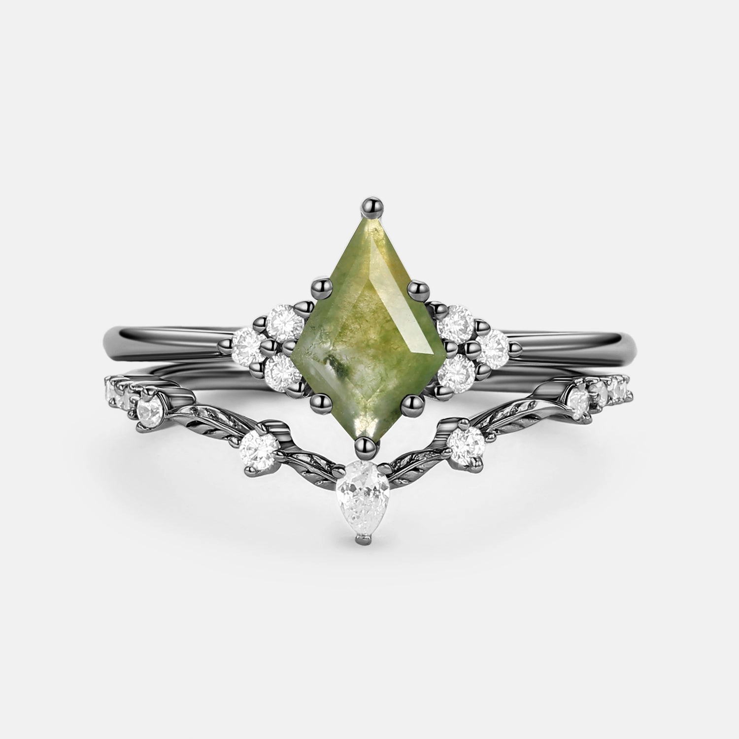Kite Cut Moss Agate Leafy Engagement Ring Set 2pcs - Ava Luxe Mood Elegant Fit
