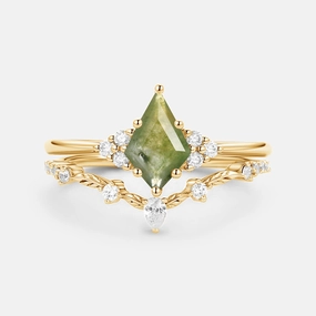 Casual Fit Polished Mood Kite Cut Moss Agate Leafy Engagement Ring Set 2pcs - Ava