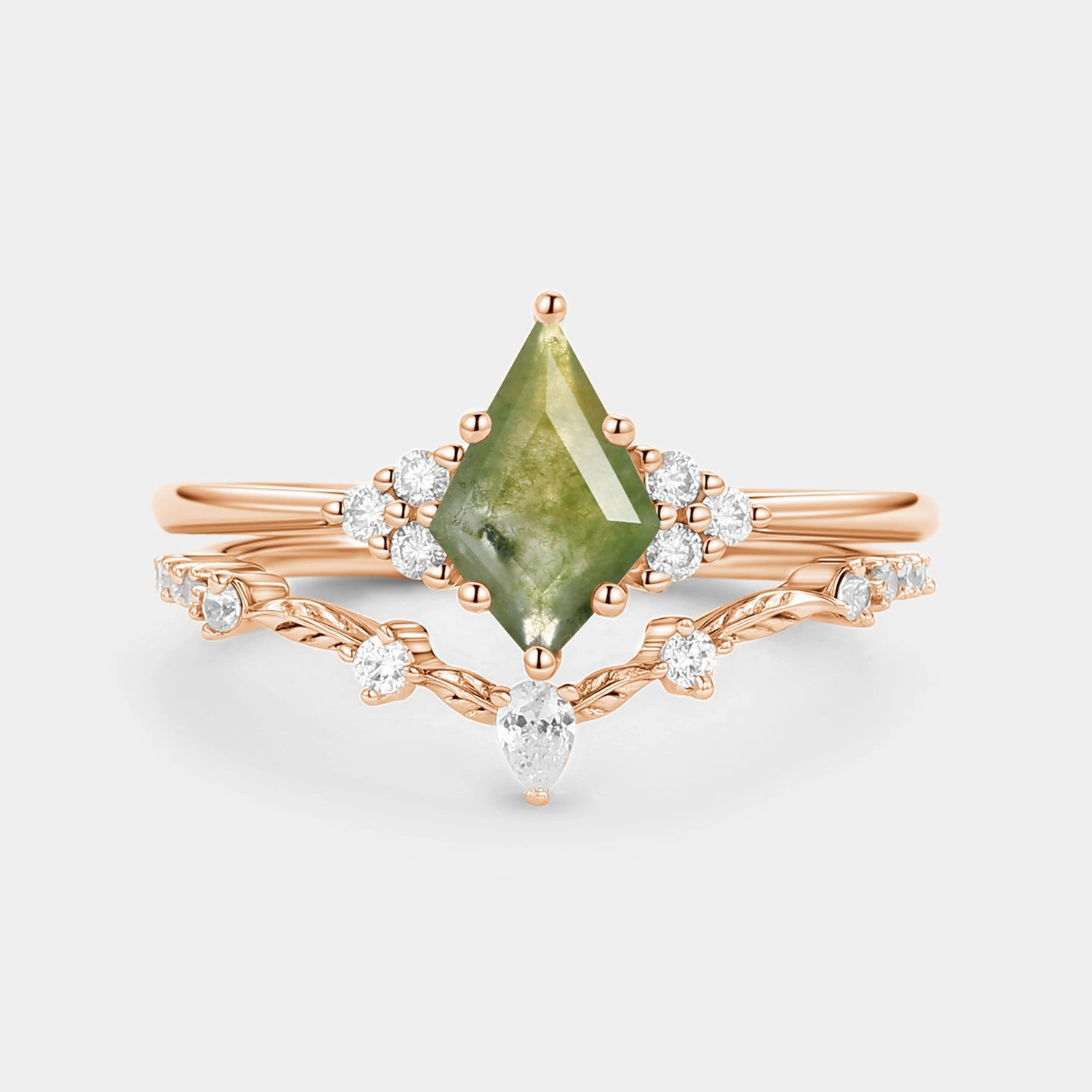 Warm Tone Bold Accent Kite Cut Moss Agate Leafy Engagement Ring Set 2pcs - Ava