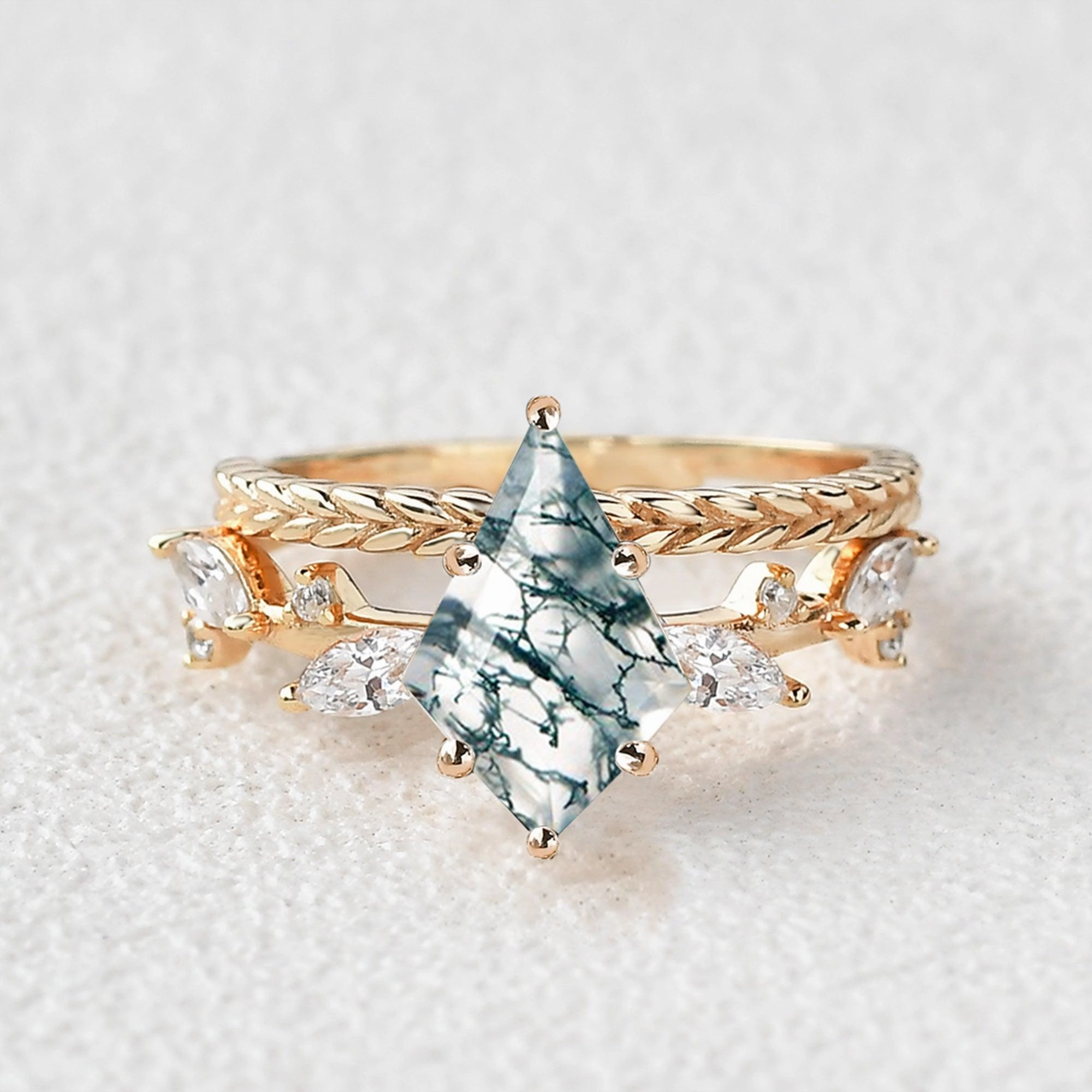 Kite Cut Moss Agate Leafy Vintage Engagement Ring Set 2pcs - Kelp Etched Design