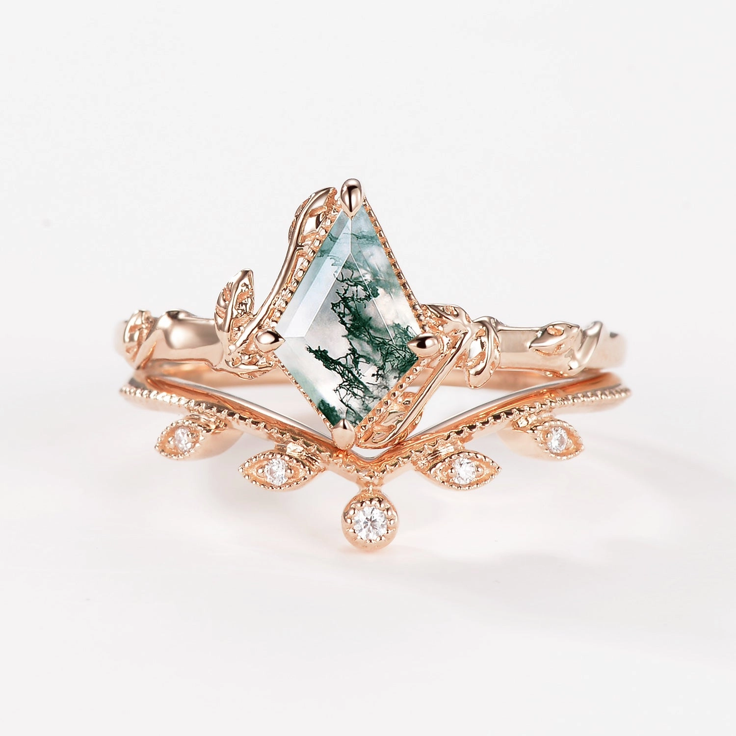 Kite Cut Moss Agate Natural Leafy Engagement Ring Sets 2pcs - Jade Night Accent Effortless Edge