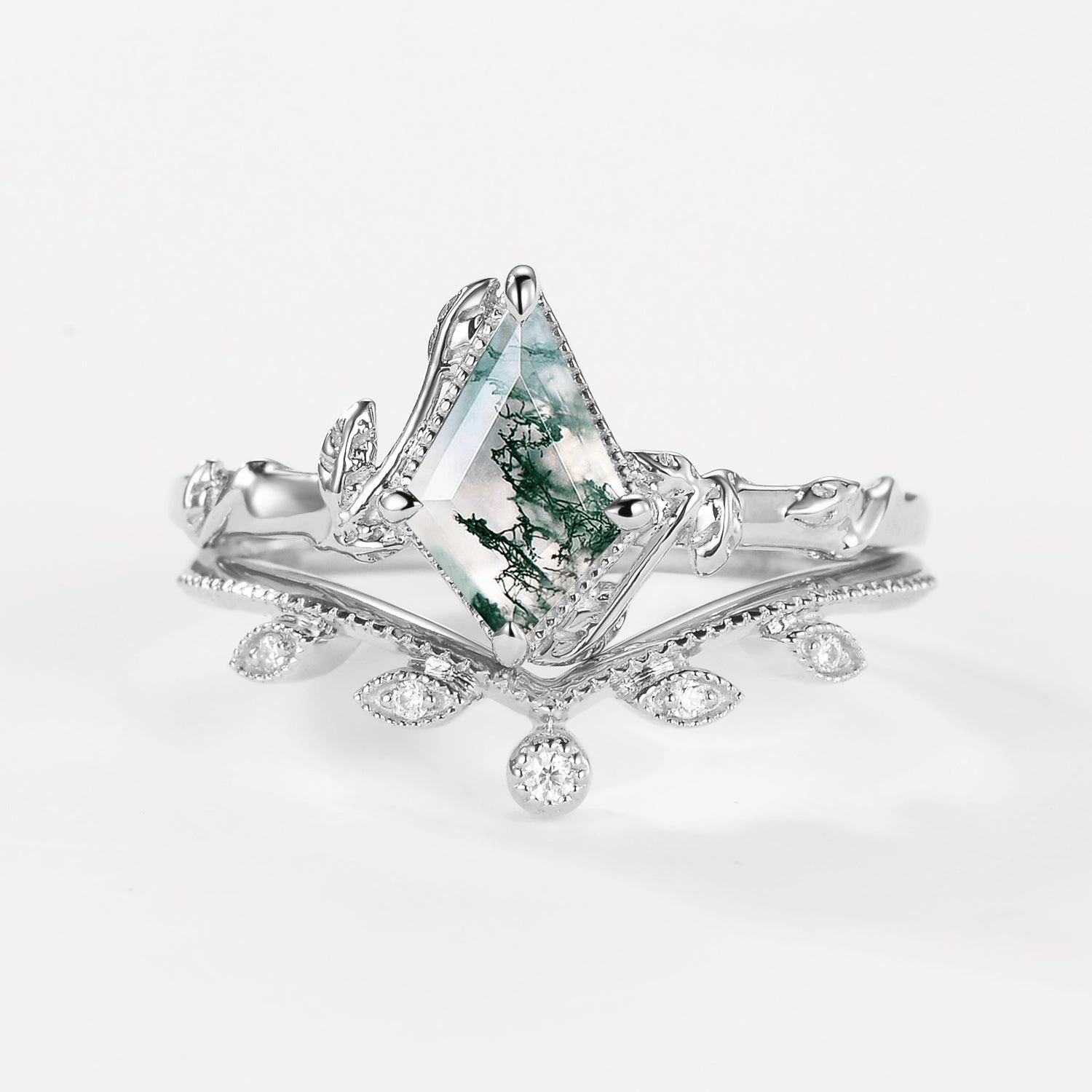 Adult Jewelry Kite Cut Moss Agate Natural Leafy Engagement Ring Sets 2pcs - Jade