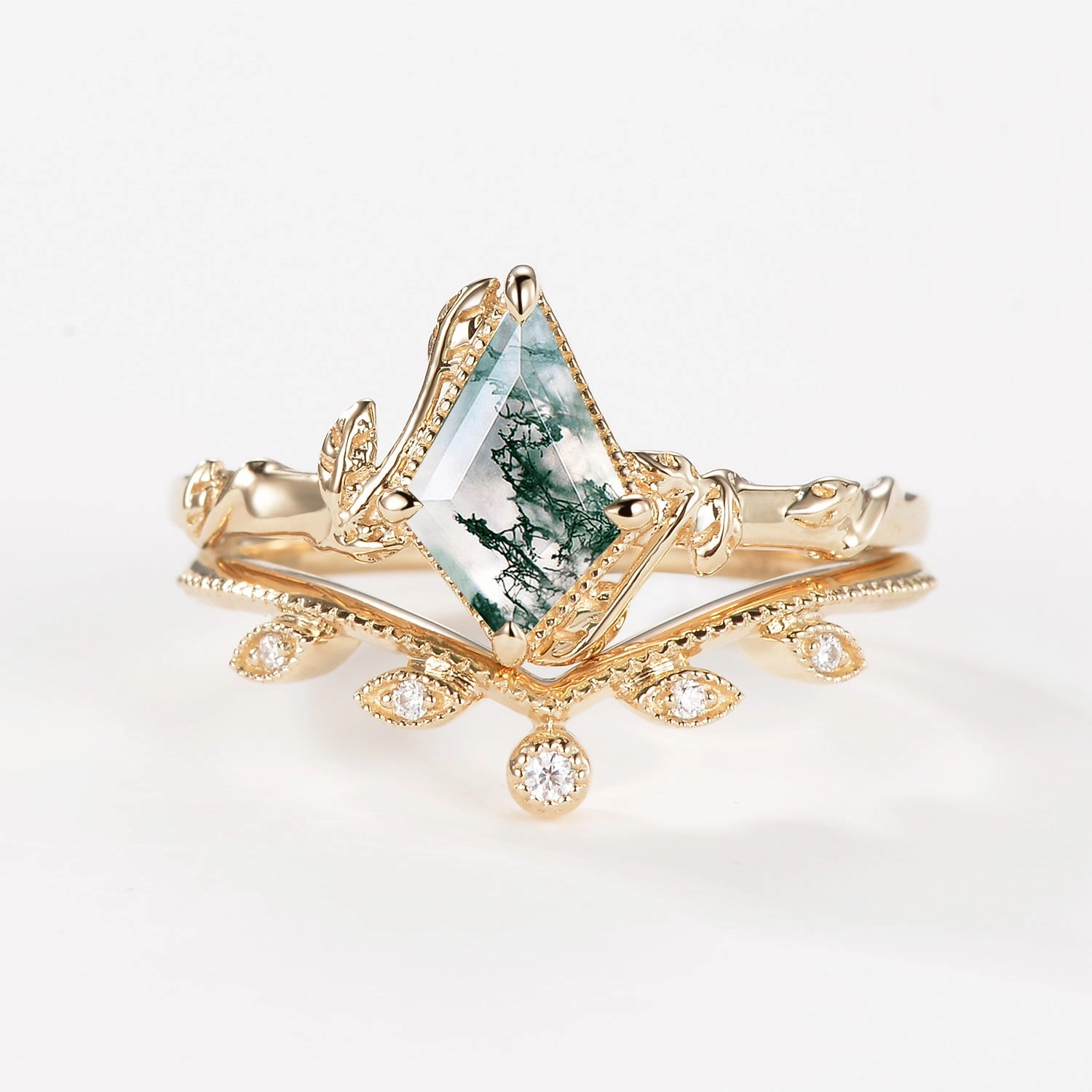 Kite Cut Moss Agate Natural Leafy Engagement Ring Sets 2pcs - Jade Beach Wear