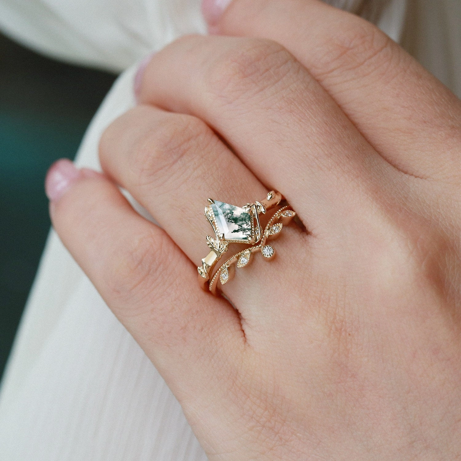 Kite Cut Moss Agate Natural Leafy Engagement Ring Sets 2pcs - Jade Vibrant Craftwork