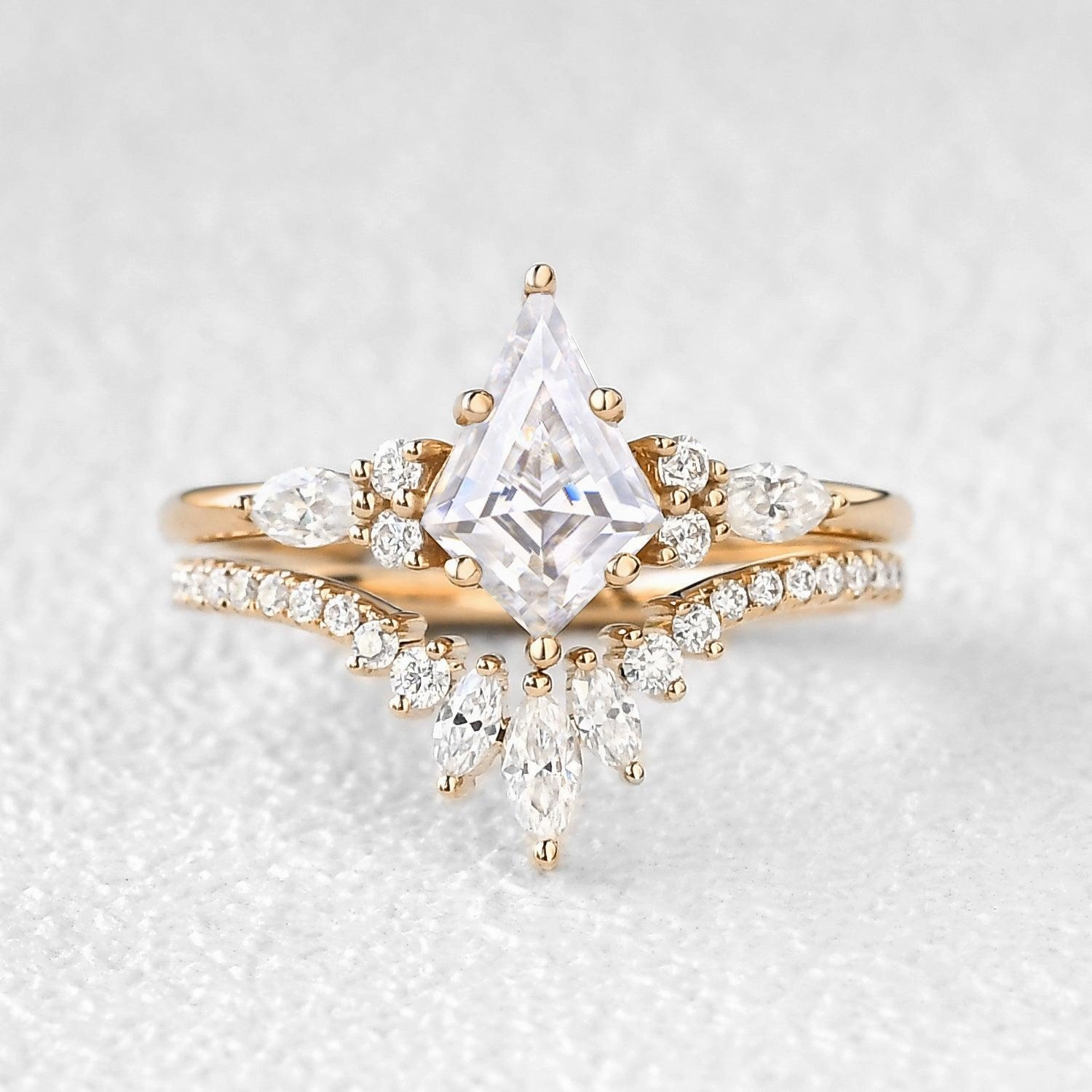 Brilliant Touch Kite Cut Moss Agate Three Stone Engagement Ring Set 2pcs - Rebecca