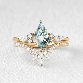 Radiant Touch Instant Shine Kite Cut Moss Agate Three Stone Engagement Ring Set 2pcs - Rebecca