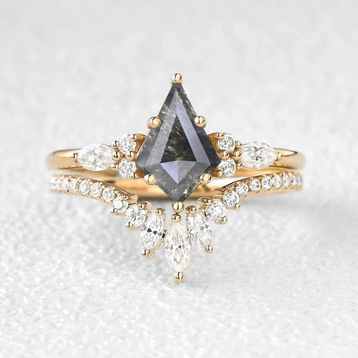 Kite Cut Moss Agate Three Stone Engagement Ring Set 2pcs - Rebecca Photo Look