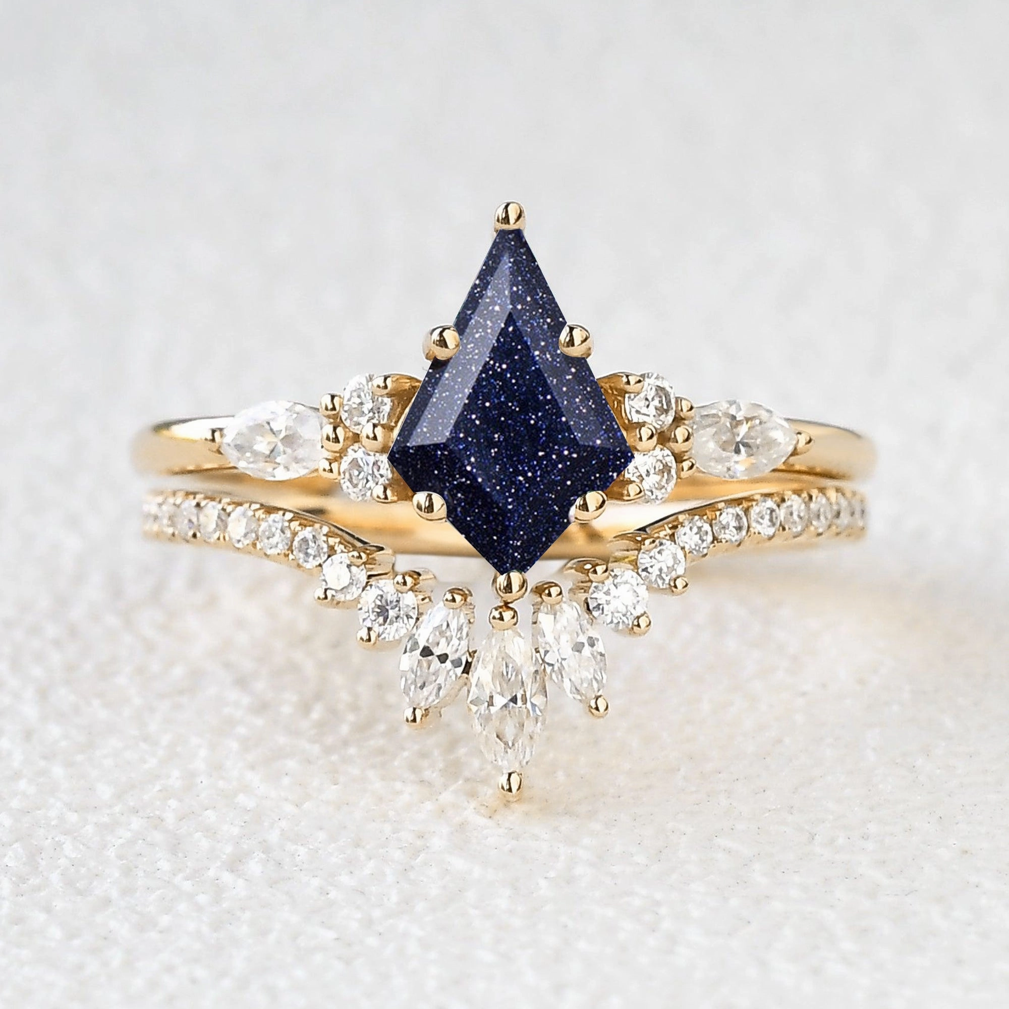 Muted Glow Glamorous Accessory Kite Cut Moss Agate Three Stone Engagement Ring Set 2pcs - Rebecca