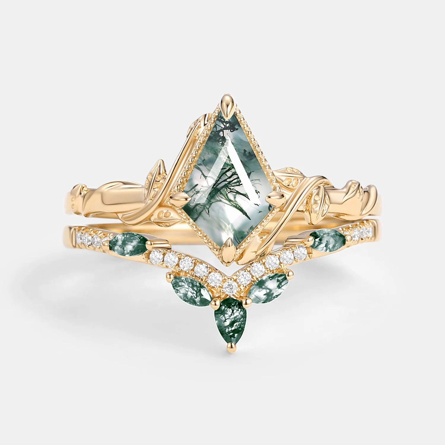 Kite Cut Nature Moss Agate Leafy Engagement Ring Set 2pcs - Lark Shining Edge