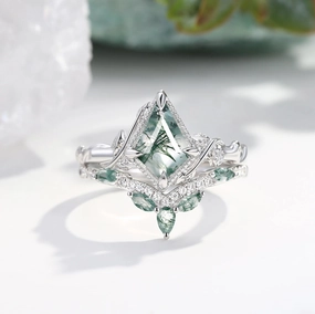 Everyday Pick Trendy Accessories Kite Cut Nature Moss Agate Leafy Engagement Ring Set 2pcs - Lark