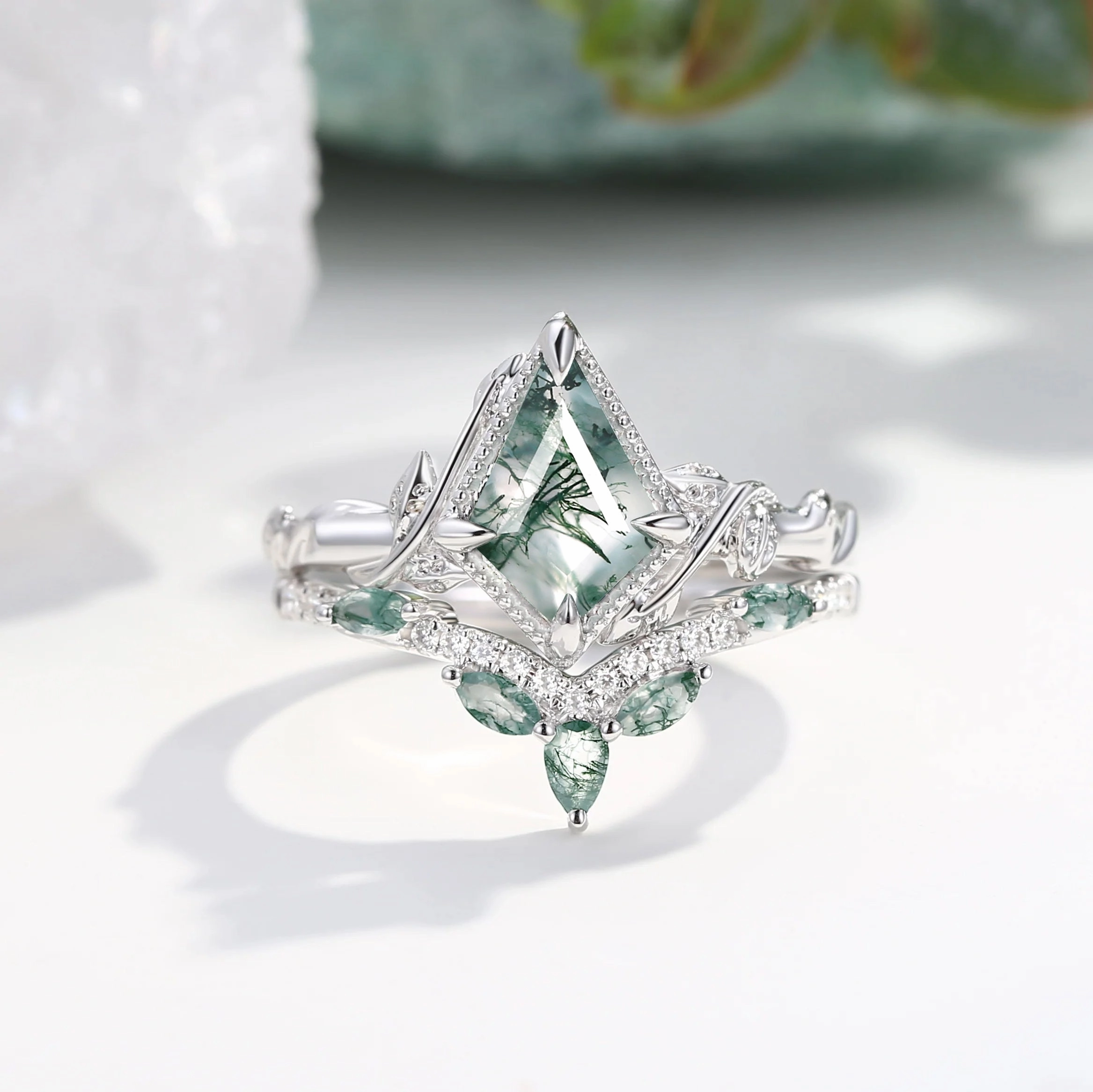 Everyday Pick Trendy Accessories Kite Cut Nature Moss Agate Leafy Engagement Ring Set 2pcs - Lark