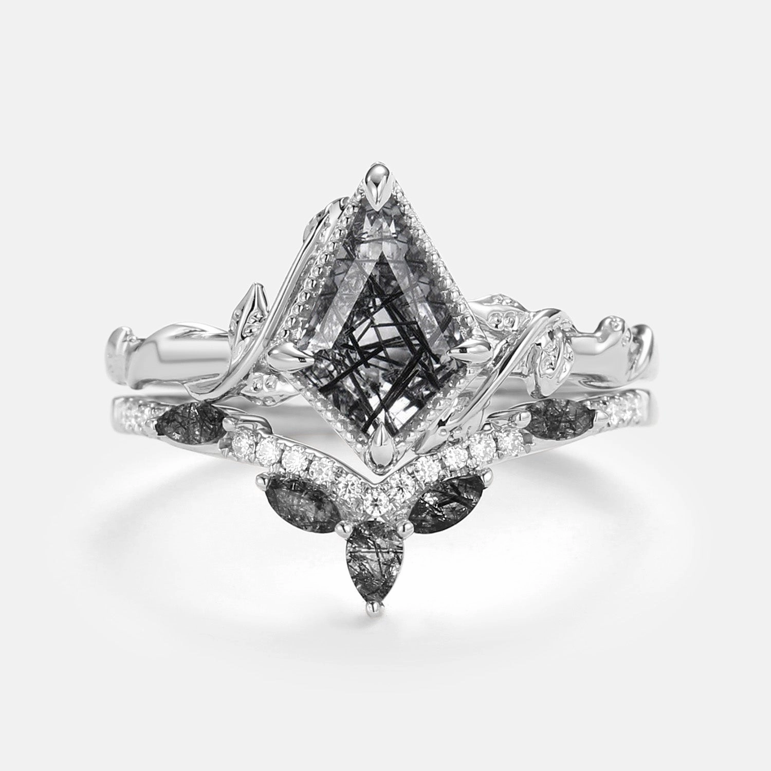 Kite Cut Nature Moss Agate Leafy Engagement Ring Set 2pcs - Lark Unique Statement