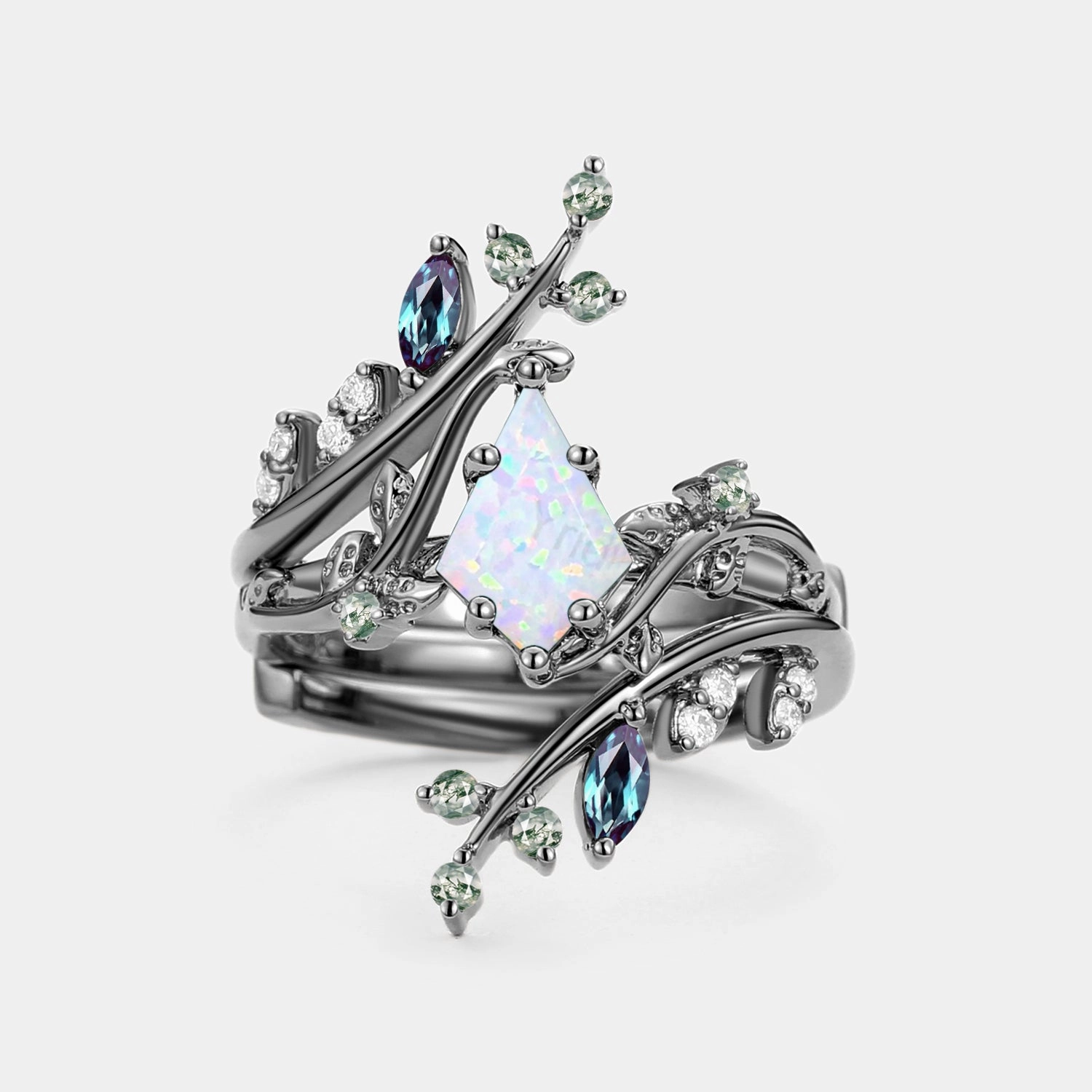 Kite Cut Opal Cage Leafy Engagement Ring Sets 2pcs - Knight Beloved Gift Organic Design