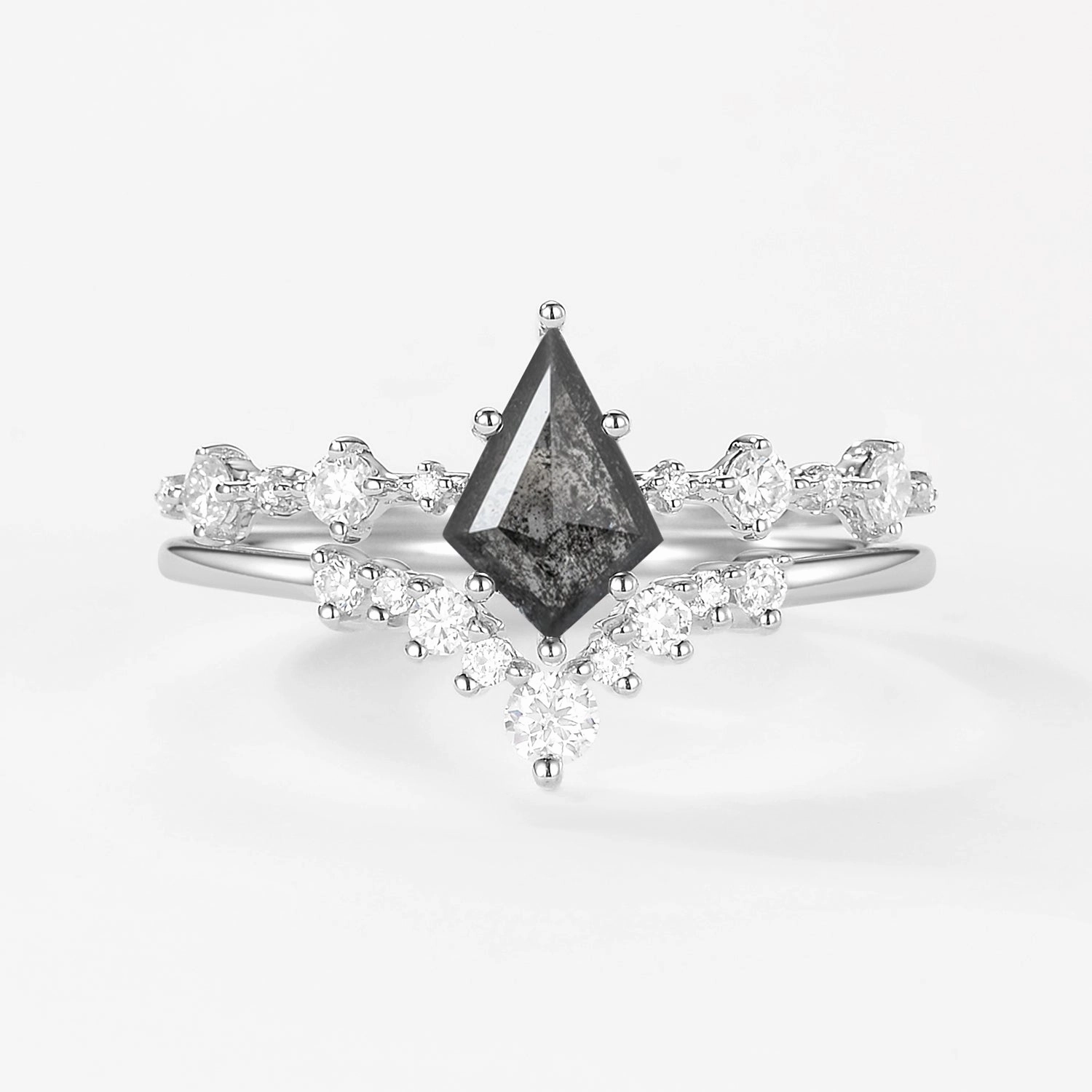 Kite Cut Salt and Pepper Diamonds Stacking Engagement Ring Set 2pcs Elegant Layer
