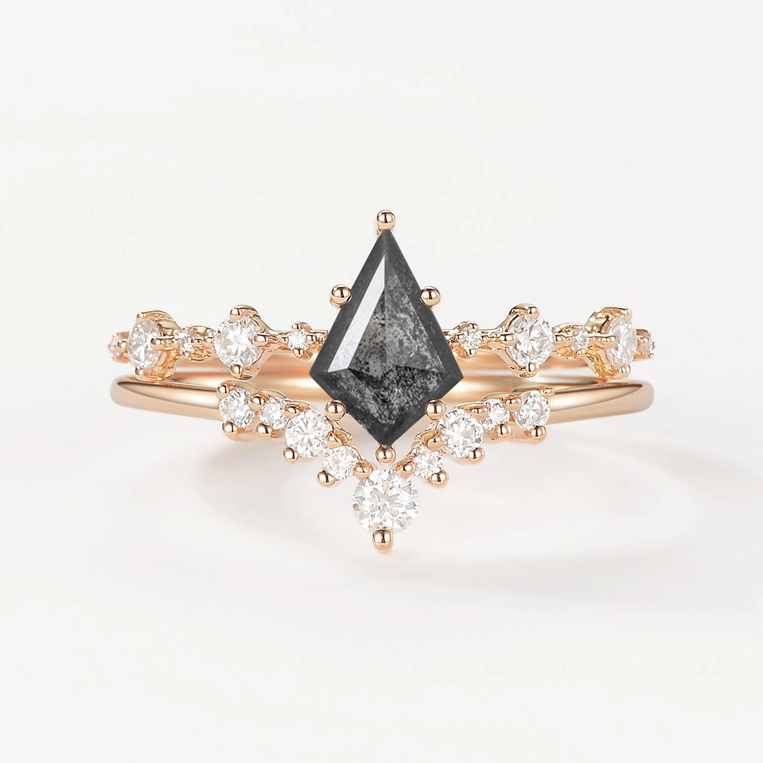 Fine Craftsmanship Kite Cut Salt and Pepper Diamonds Stacking Engagement Ring Set 2pcs