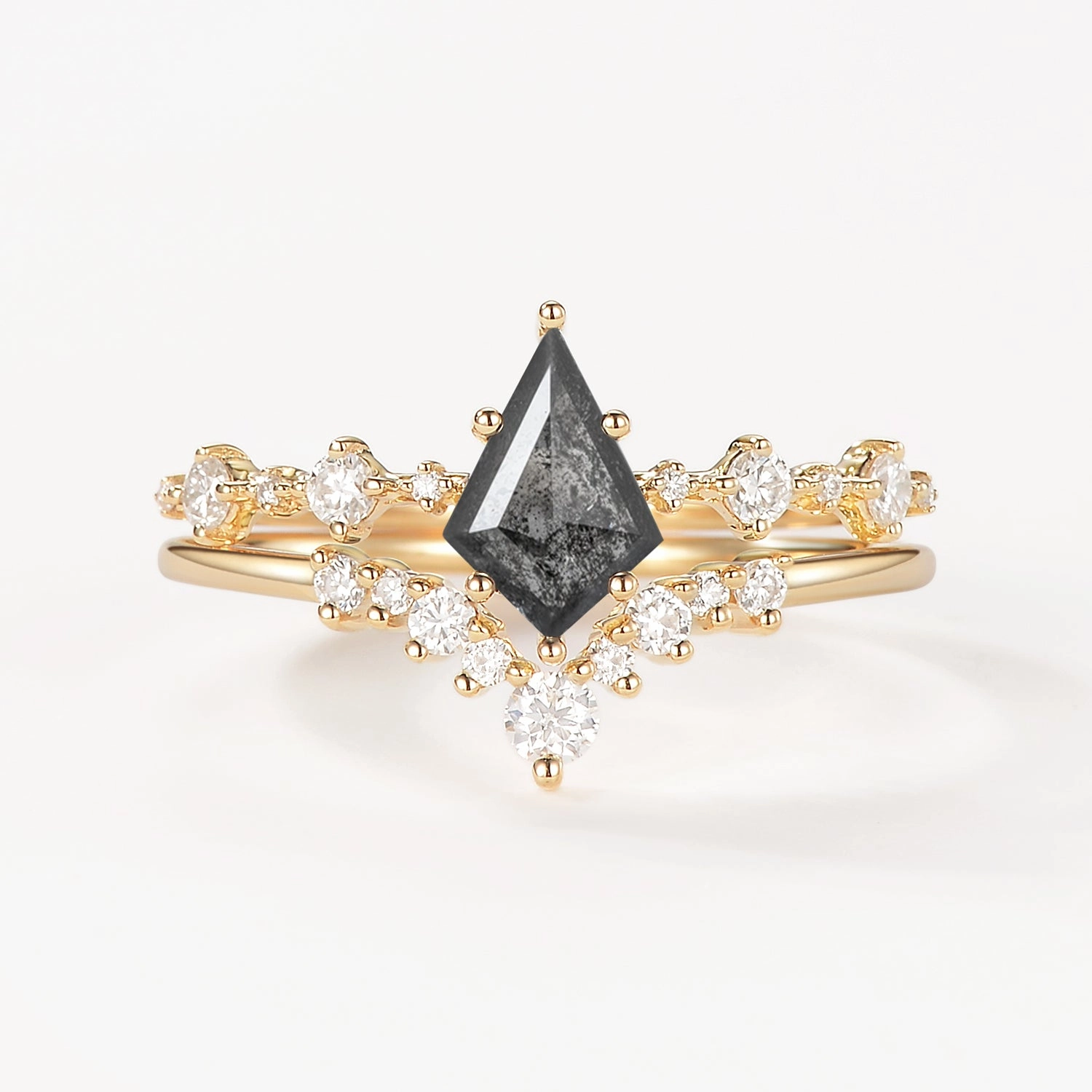 Dainty Edge Kite Cut Salt and Pepper Diamonds Stacking Engagement Ring Set 2pcs