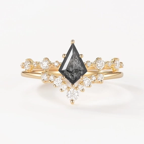 Kite Cut Salt and Pepper Diamonds Stacking Engagement Ring Set 2pcs Luxurious Style Soft Highlight