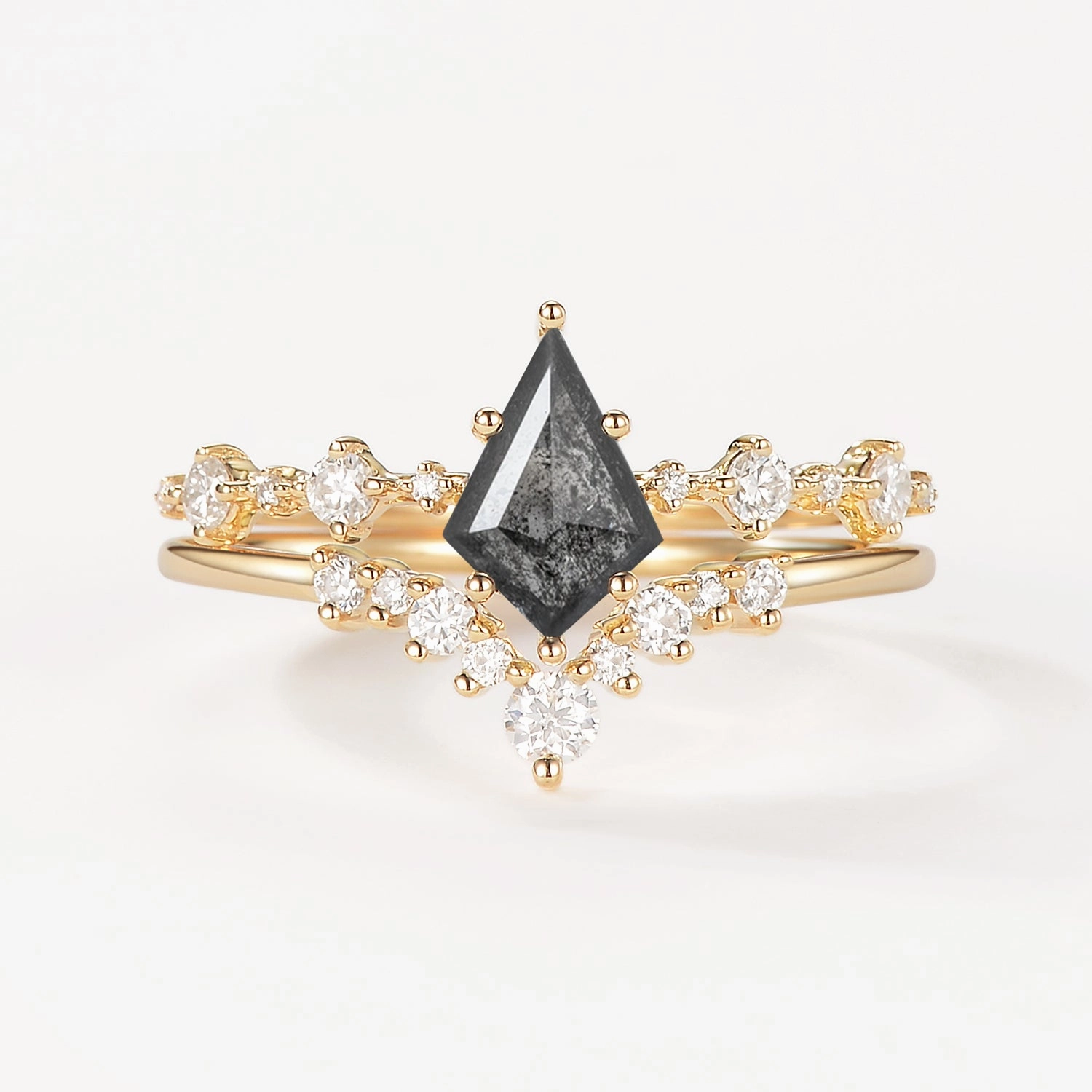 Stylish Style Kite Cut Salt and Pepper Diamonds Stacking Engagement Ring Set 2pcs