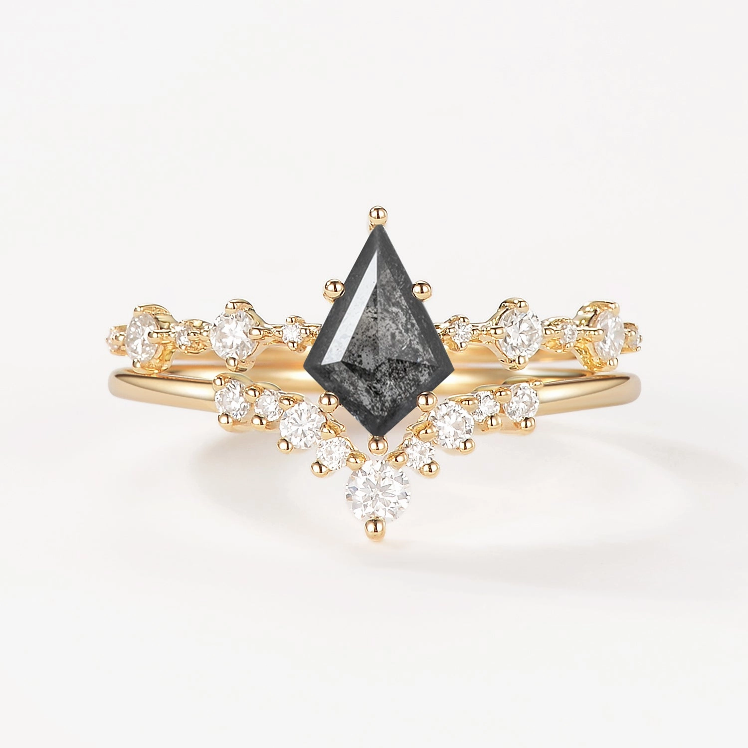 Kite Cut Salt and Pepper Diamonds Stacking Engagement Ring Set 2pcs Fashion Treat