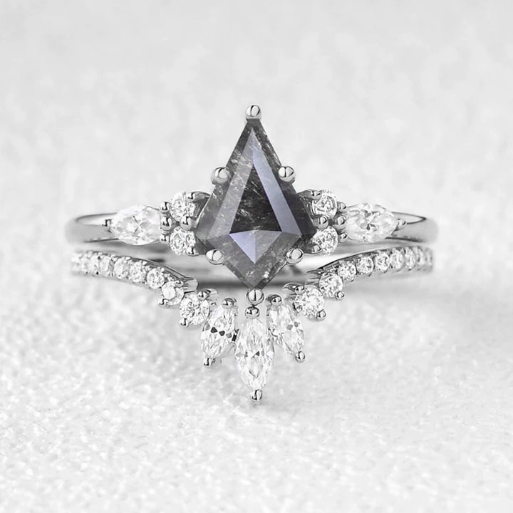 Kite Cut Salt and Pepper Diamonds Three Stone Engagement Ring Set 2pcs - Rebecca Exclusive Gifts Sparkling Pieces