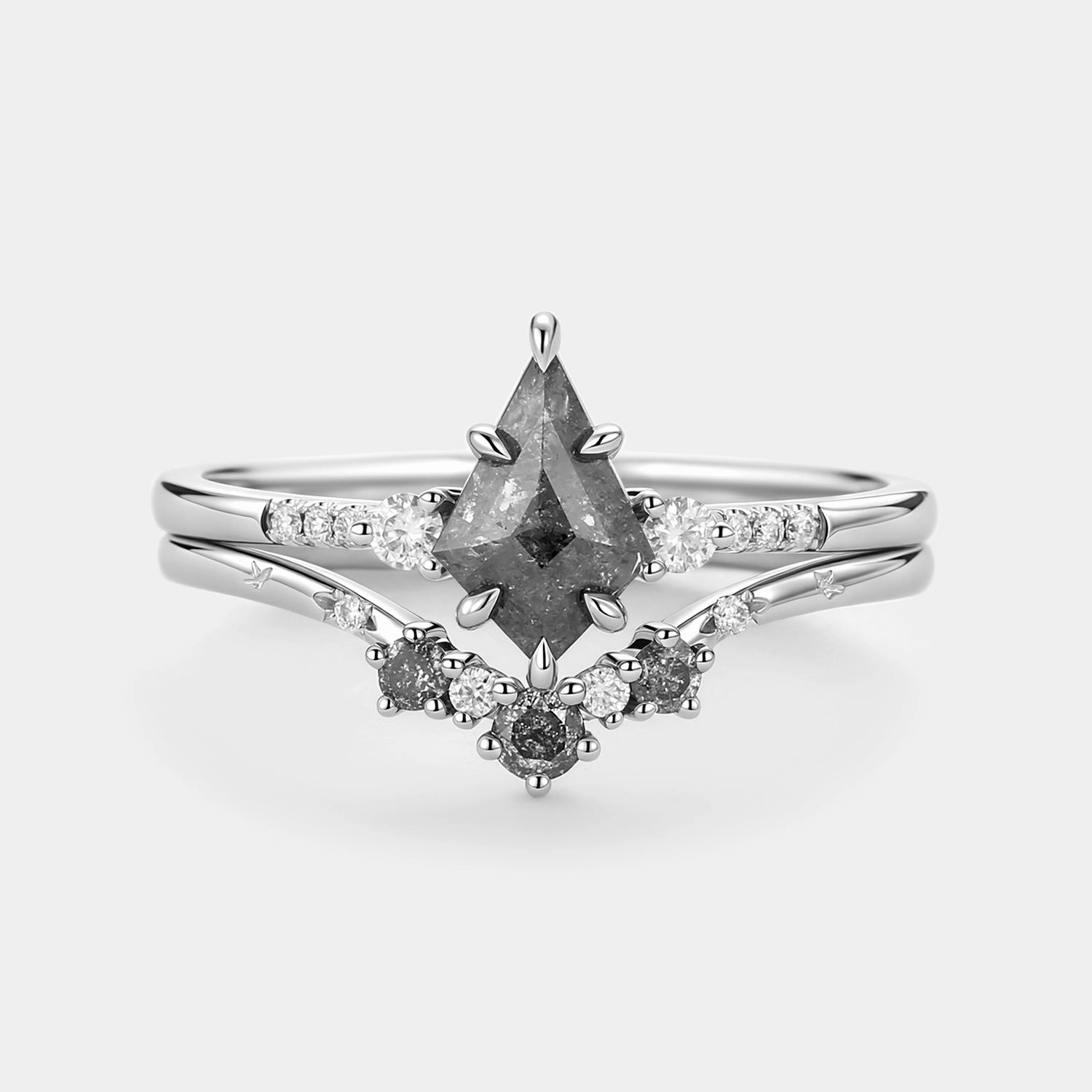 Kite Cut Salt and Pepper Diamonds Unique Engagement Ring Set 2pcs Artistic Gift