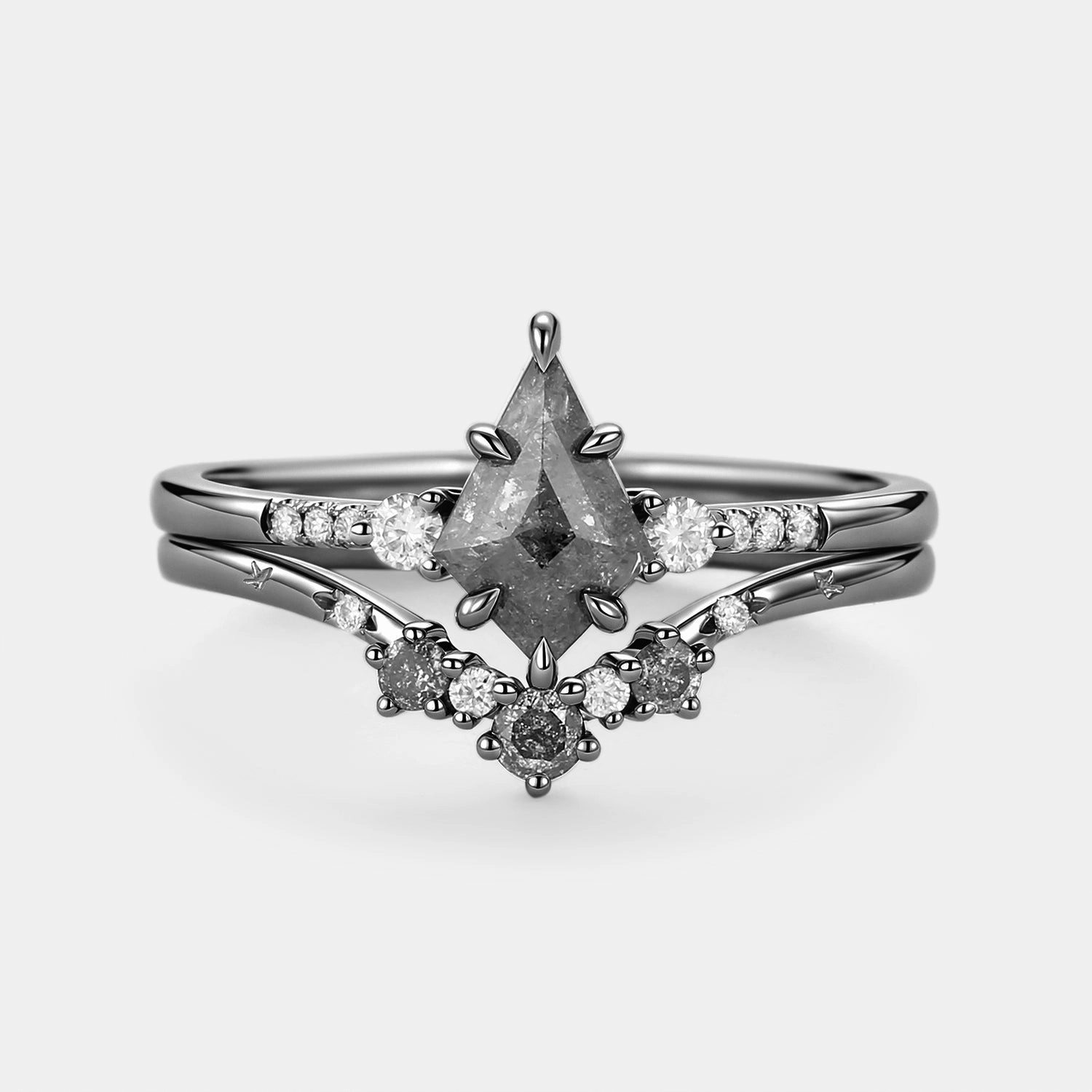 Natural Sparkle Kite Cut Salt and Pepper Diamonds Unique Engagement Ring Set 2pcs