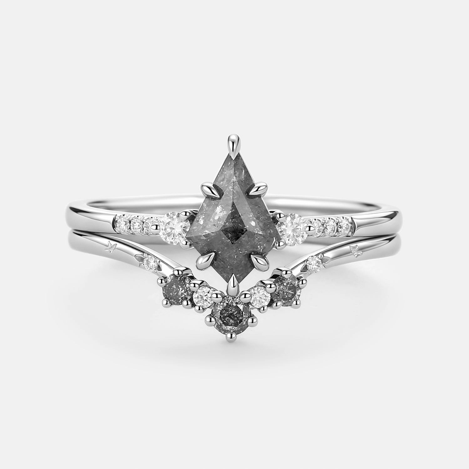Classic Appeal Kite Cut Salt and Pepper Diamonds Unique Engagement Ring Set 2pcs