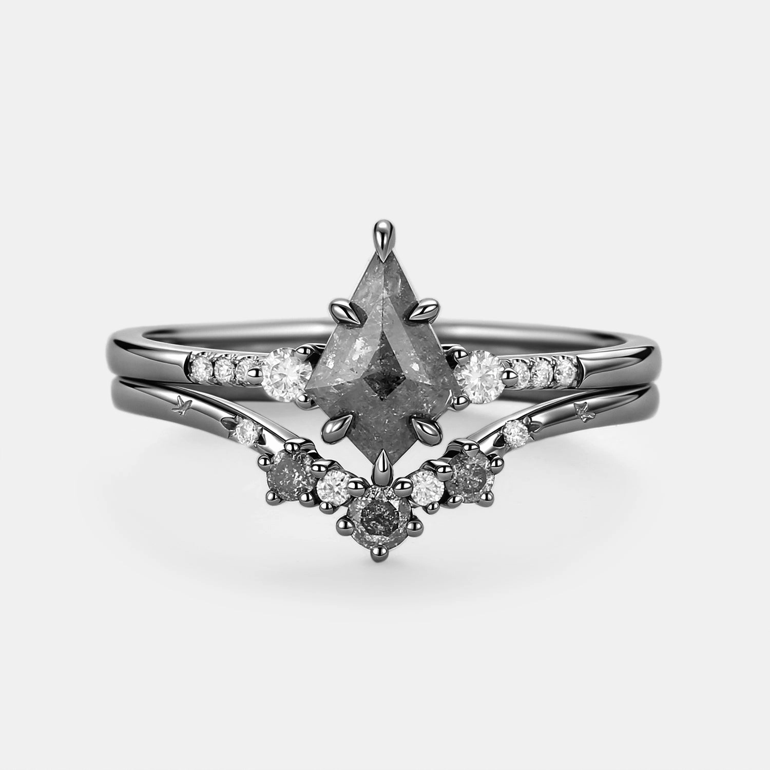 Kite Cut Salt and Pepper Diamonds Unique Engagement Ring Set 2pcs Fine Accessory