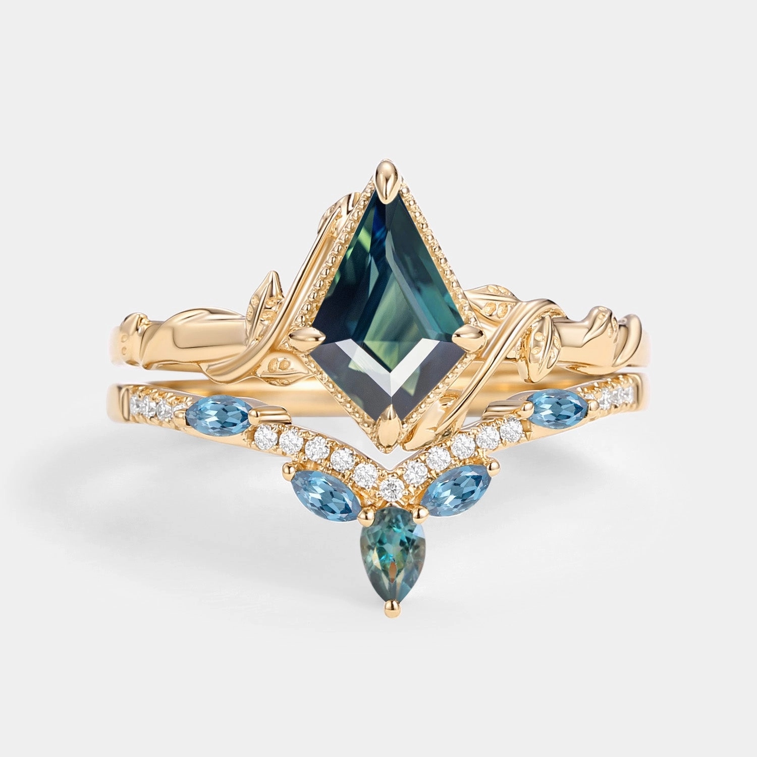 Rich Detailing Kite Cut Teal Sapphire & London Blue Topaz Engagement Ring Sets 2pcs - Lark