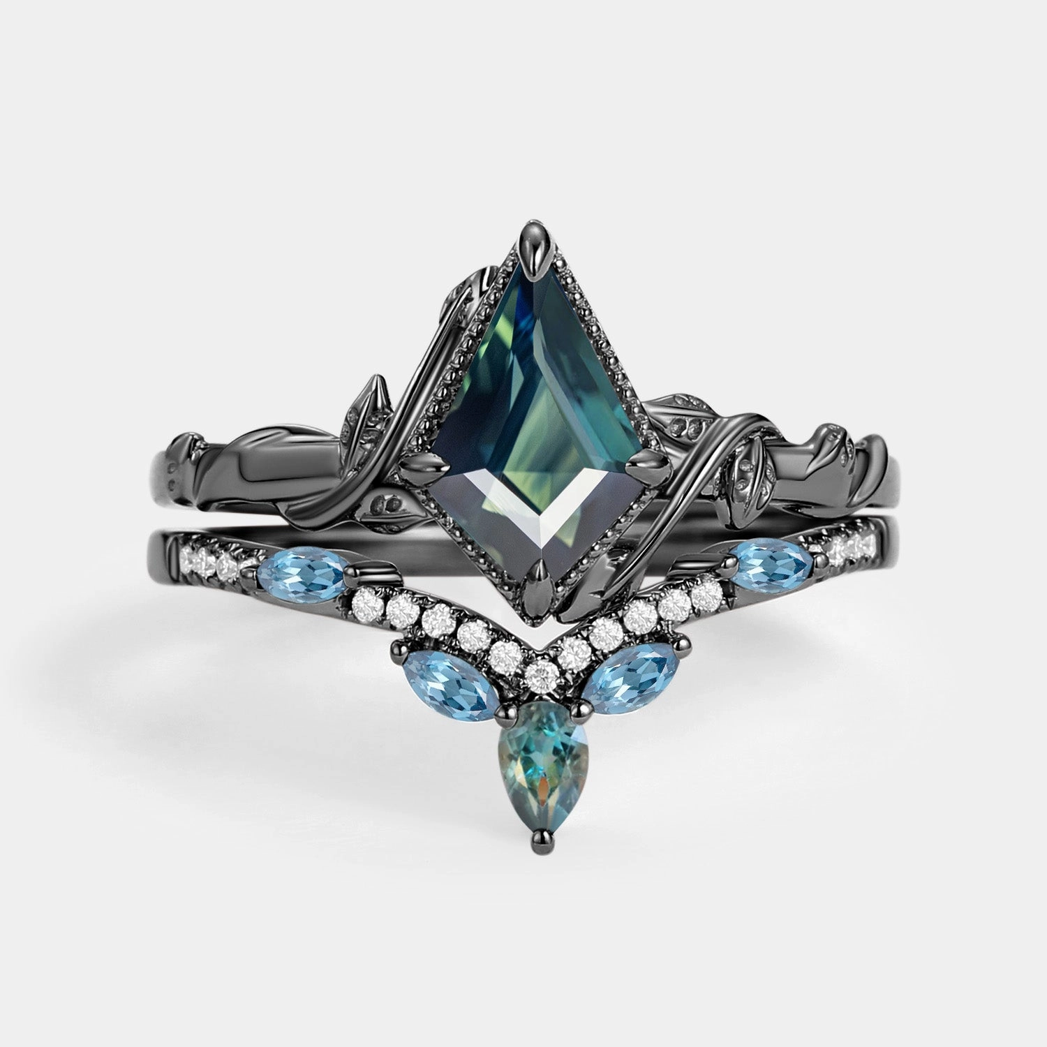 Casual Gift Kite Cut Teal Sapphire & London Blue Topaz Engagement Ring Sets 2pcs - Lark